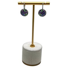 Purple Amethyst Green Tsavorite Blue Sapphire Black Diamonds White Gold Earrings