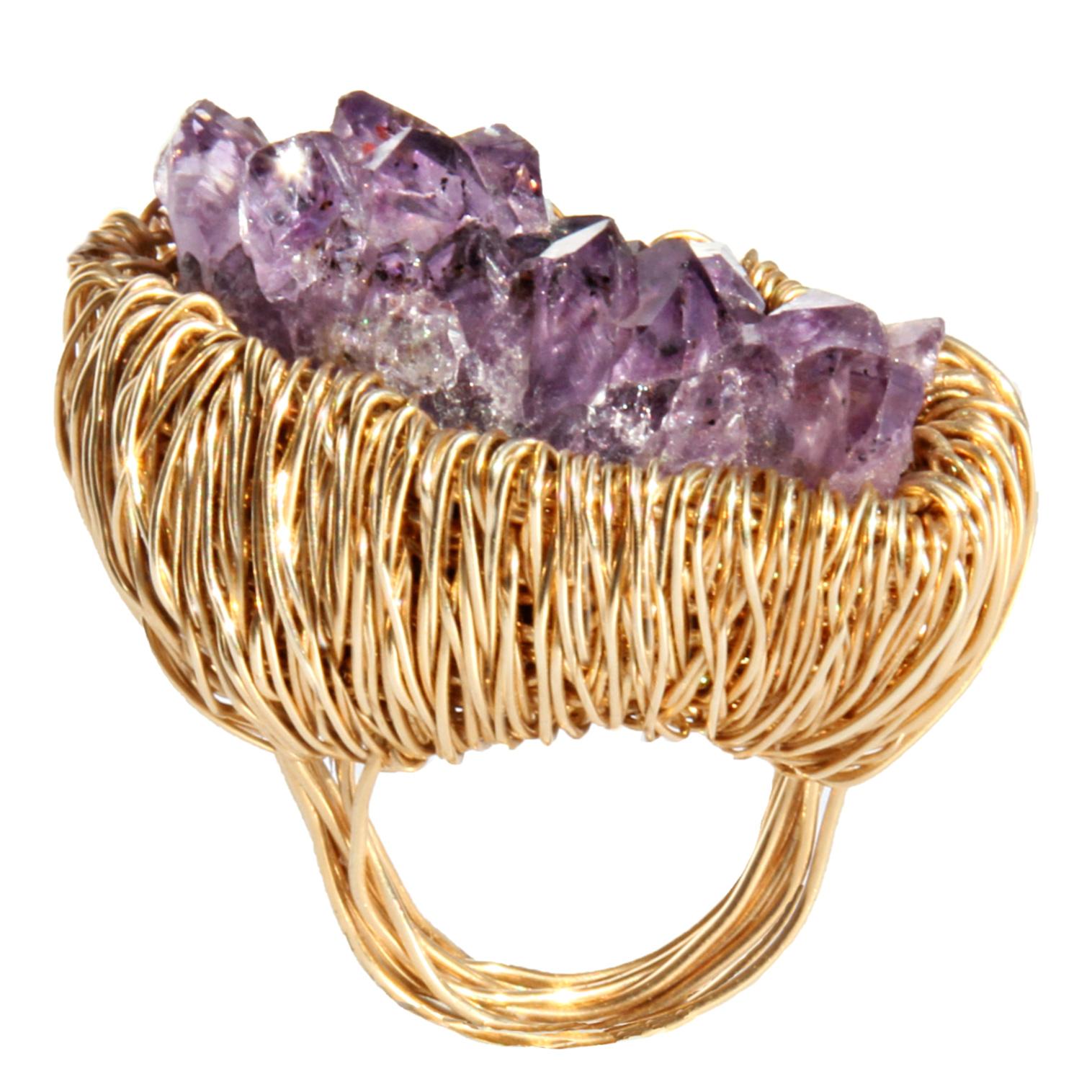 Uncut Purple Amethyst in 14 kt Gold F Statement Cocktail Ring by the artist For Sale