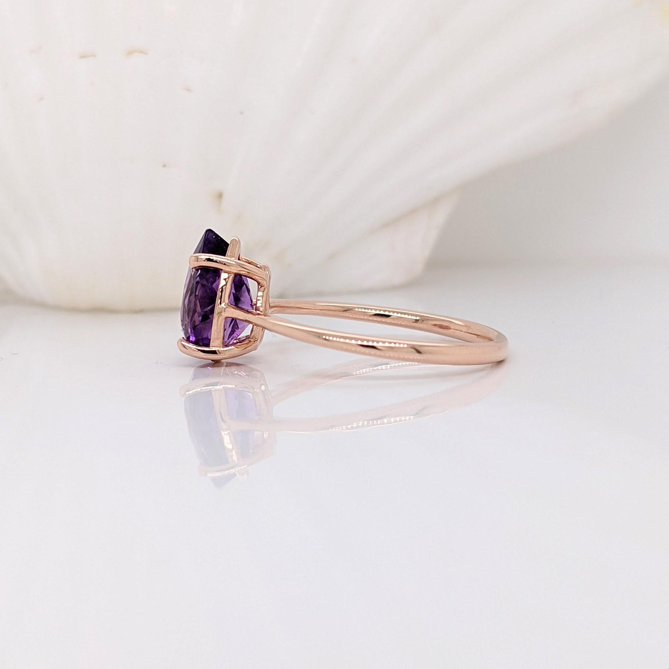 Modern Purple Amethyst in a Solid 14k Rose Gold Solitaire Setting  Pear Shape 10x7mm  For Sale