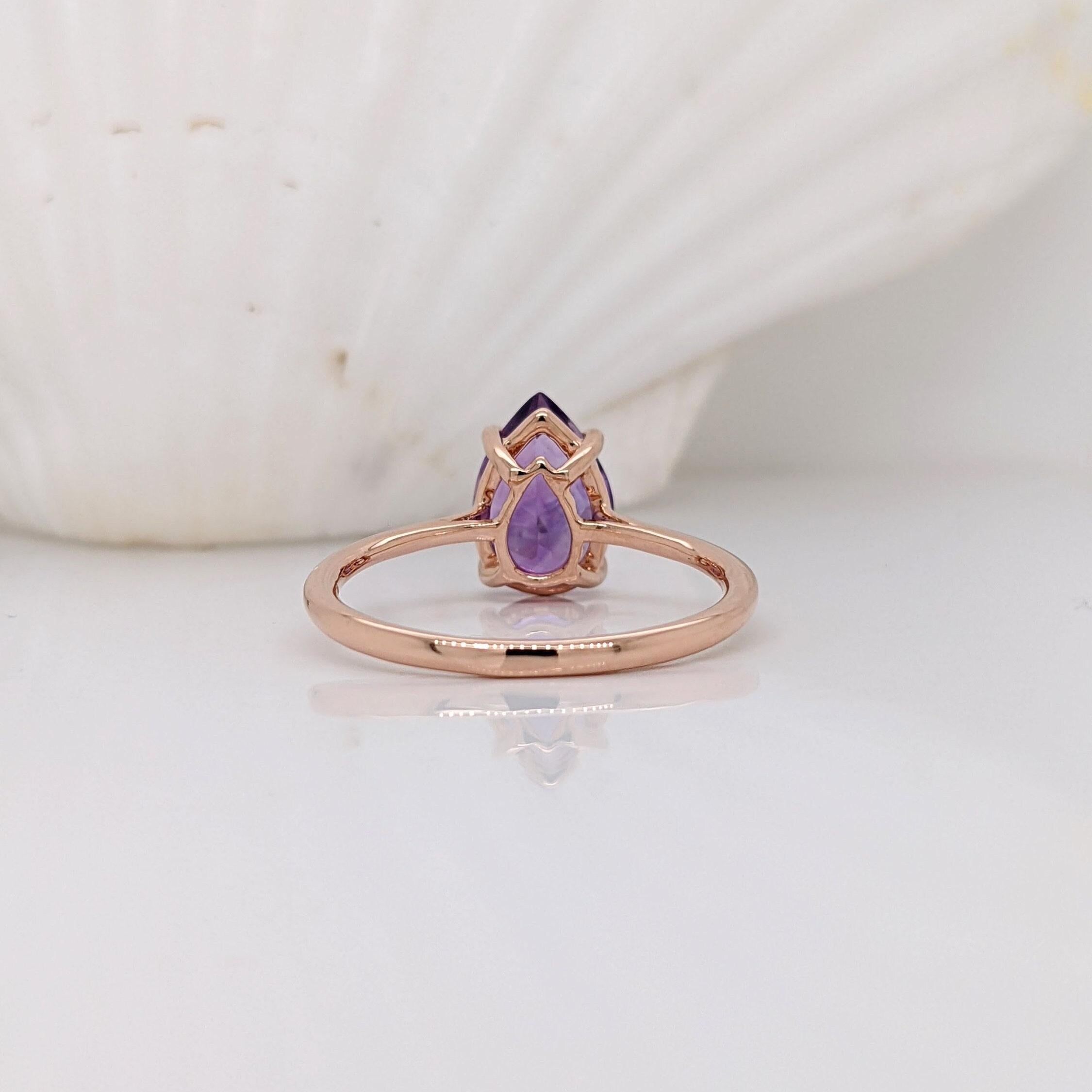 Pear Cut Purple Amethyst in a Solid 14k Rose Gold Solitaire Setting  Pear Shape 10x7mm  For Sale