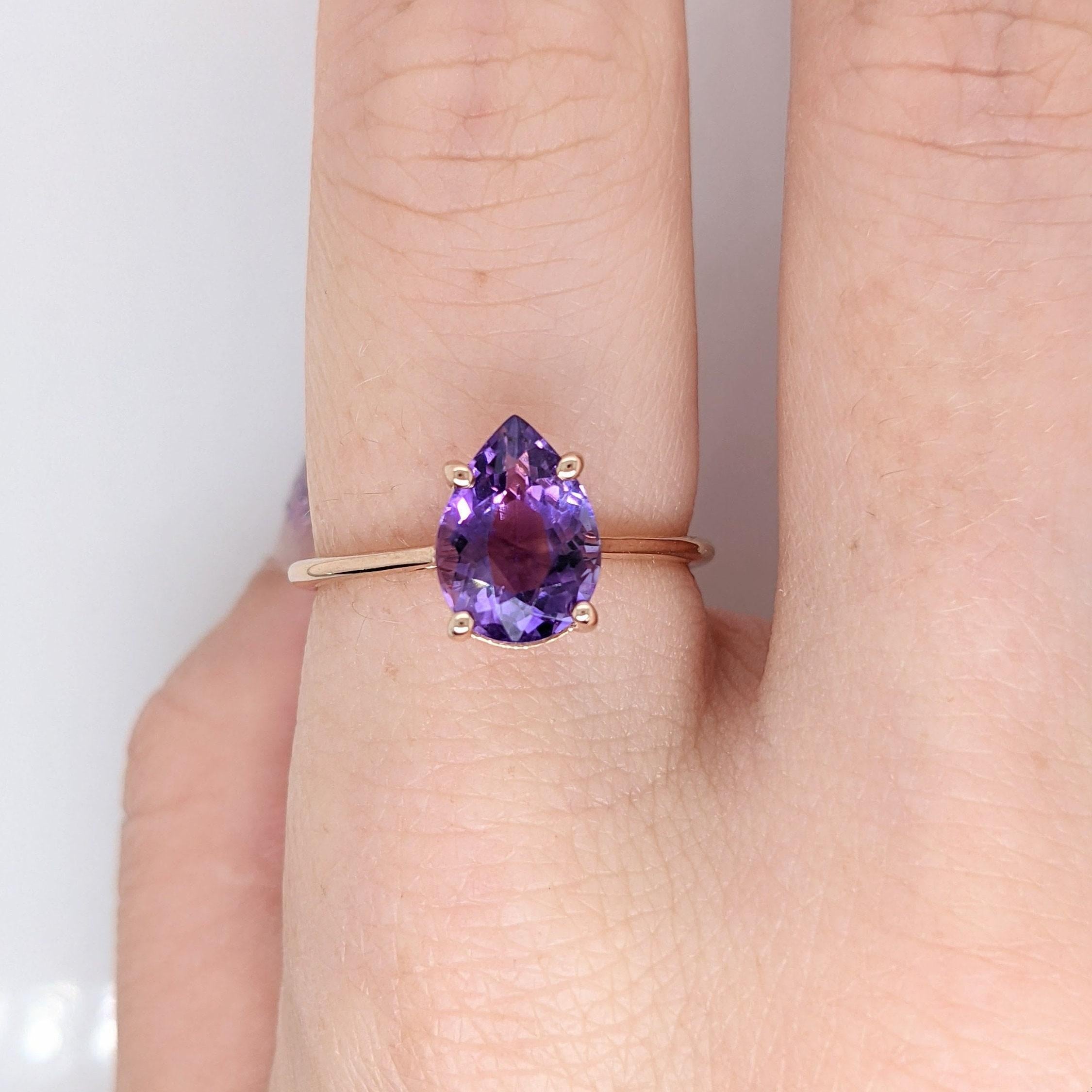 Purple Amethyst in a Solid 14k Rose Gold Solitaire Setting  Pear Shape 10x7mm  In New Condition For Sale In Columbus, OH