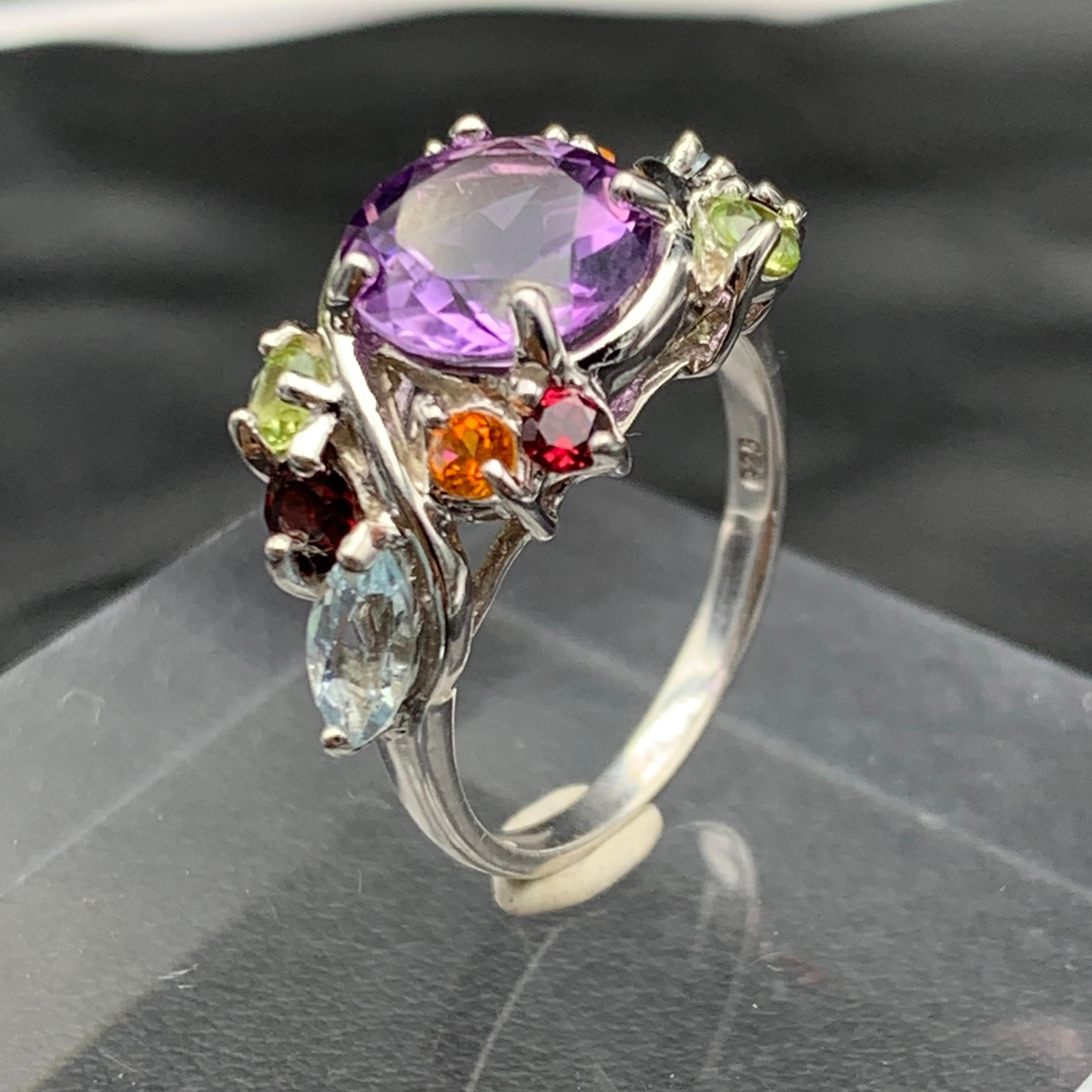 Anello in argento 925 con ametista viola e pietre multigemello - Accenti di granato, peridoto e acquamarina (misura 8)

💎 TIPO DI GEMMA: Ametista 
⚖️ PESO DELL'ANELLO:  4,42 grammi
🪚 FORMA E TAGLIO: Taglio Brillante Rotondo
📏 MISURA DELL'ANELLO