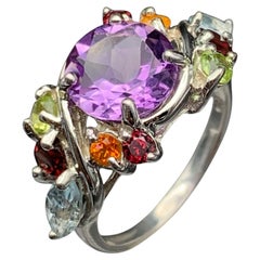 Bague en argent 925, grenat, péridot, aigue-marine et multi-pierres violettes