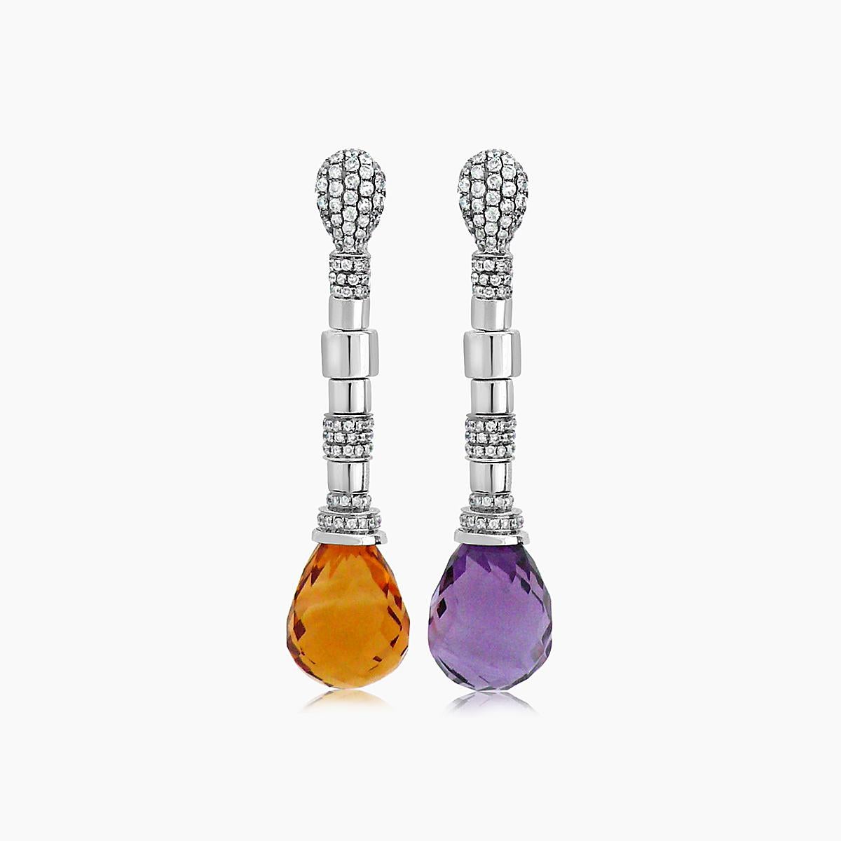 Taglio misto Orecchini a goccia in oro bianco 18 carati con ametista viola, citrino arancione e pavé di diamanti in vendita