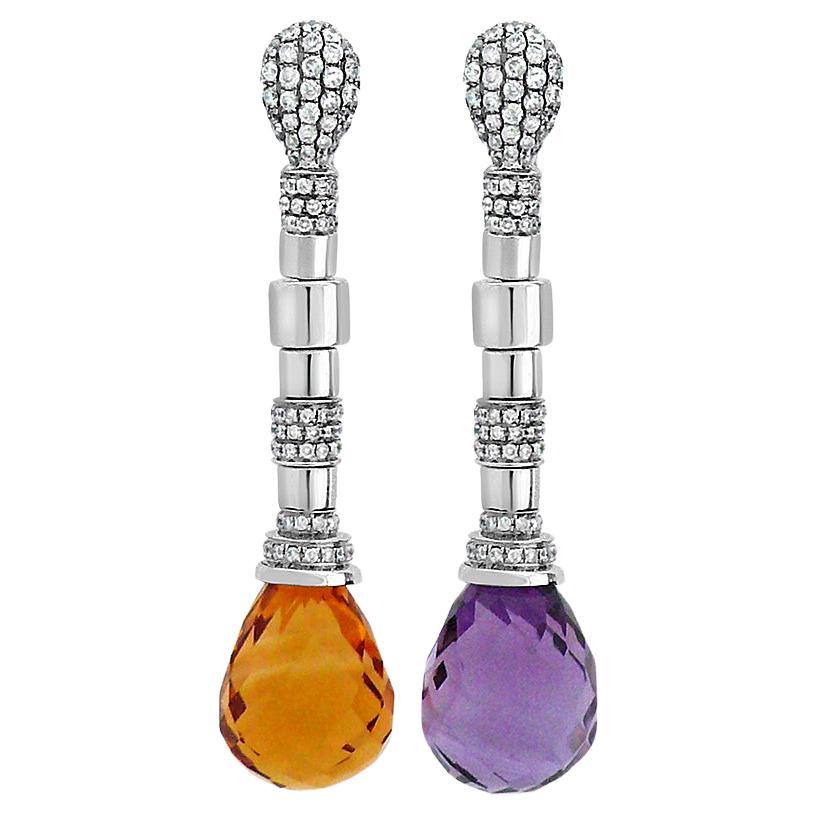 Orecchini a goccia in oro bianco 18 carati con ametista viola, citrino arancione e pavé di diamanti in vendita
