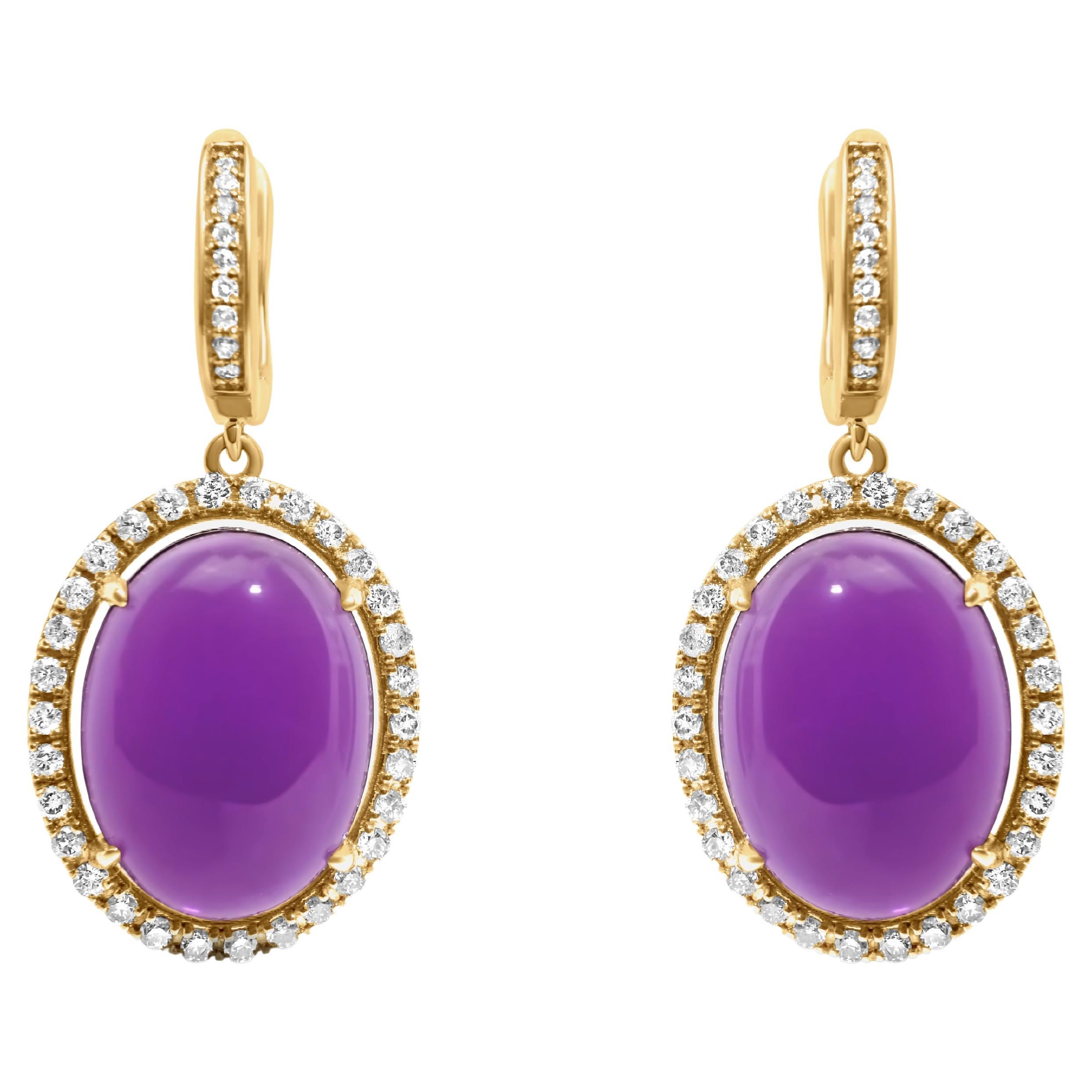 Purple Amethyst Oval Cabochon Diamond Halo 14k Yellow Gold Drop Huggie Earrings For Sale