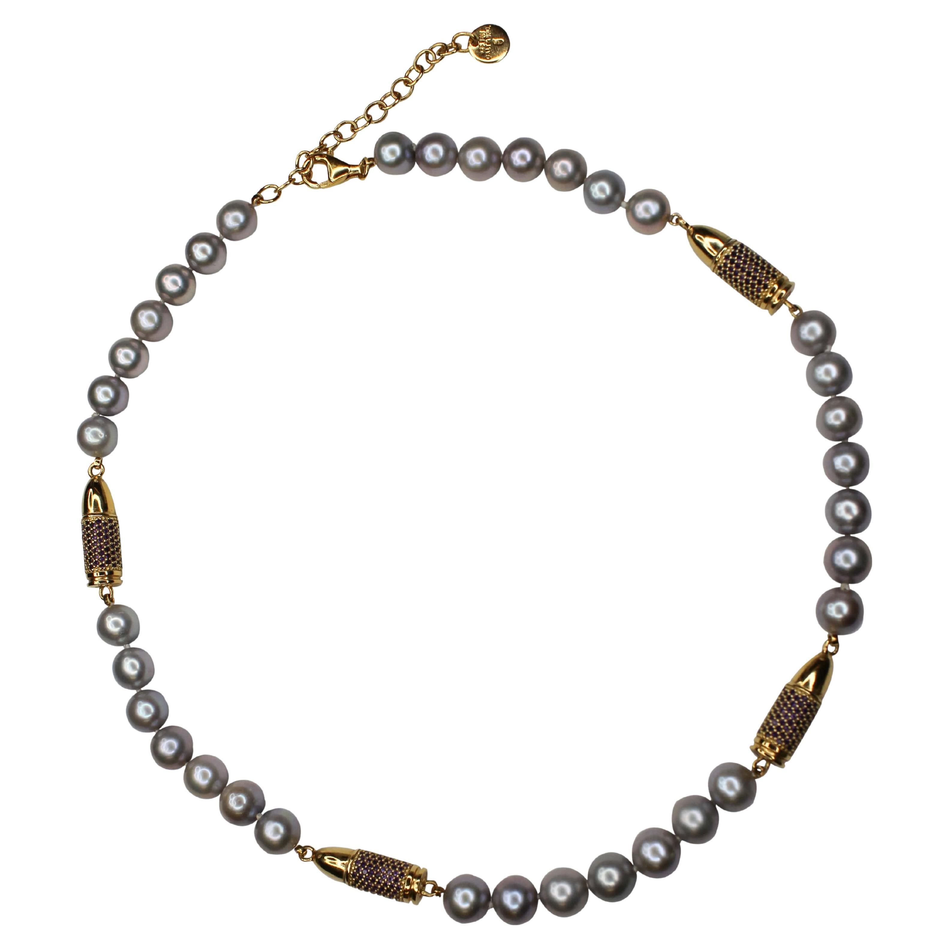 Collier en argent Vermeil avec améthyste violette sertie de pavés et fusée en or perle grise