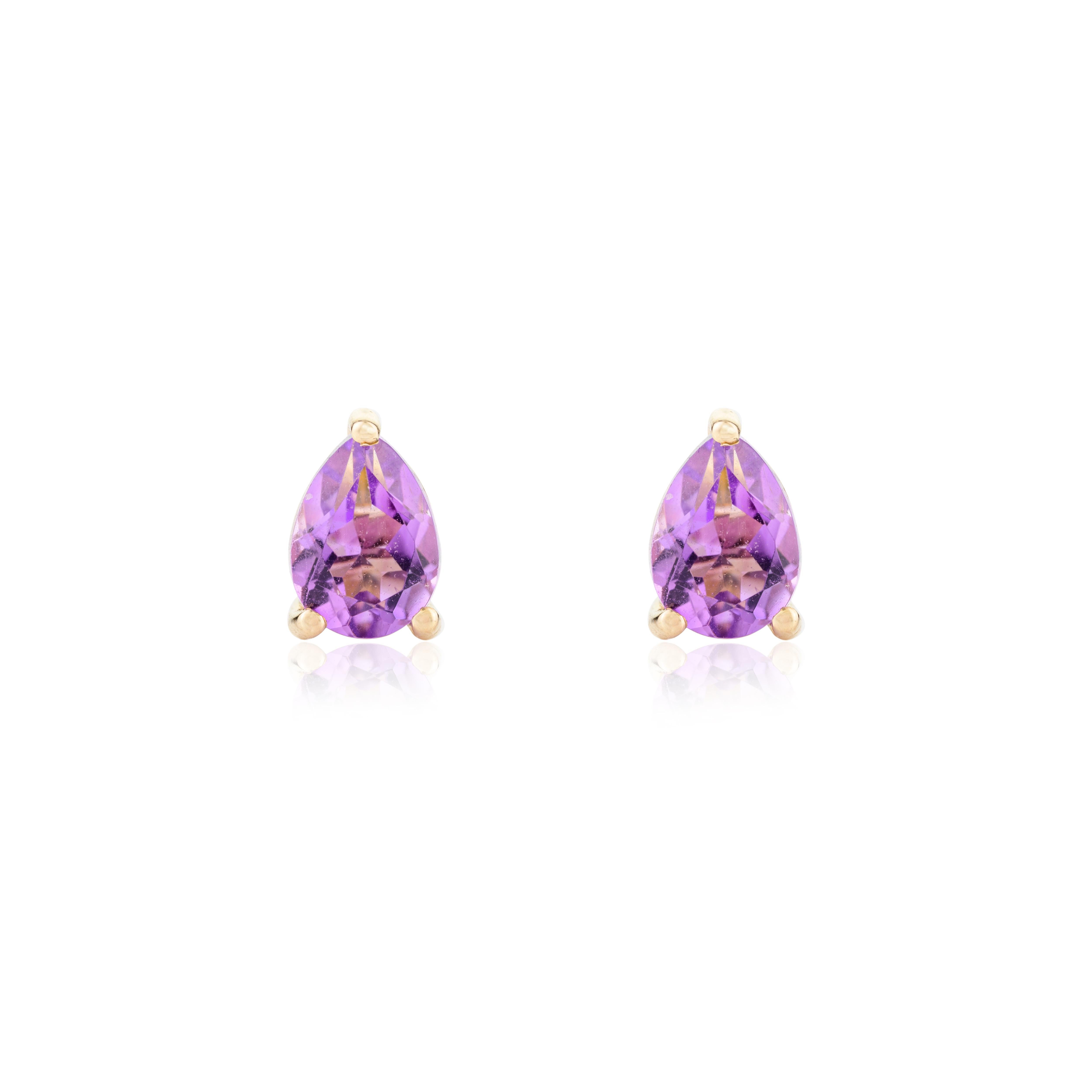 Modernist Pear Cut Amethyst Stud Earrings Gift for Toddlers 14k Solid Yellow Gold For Sale