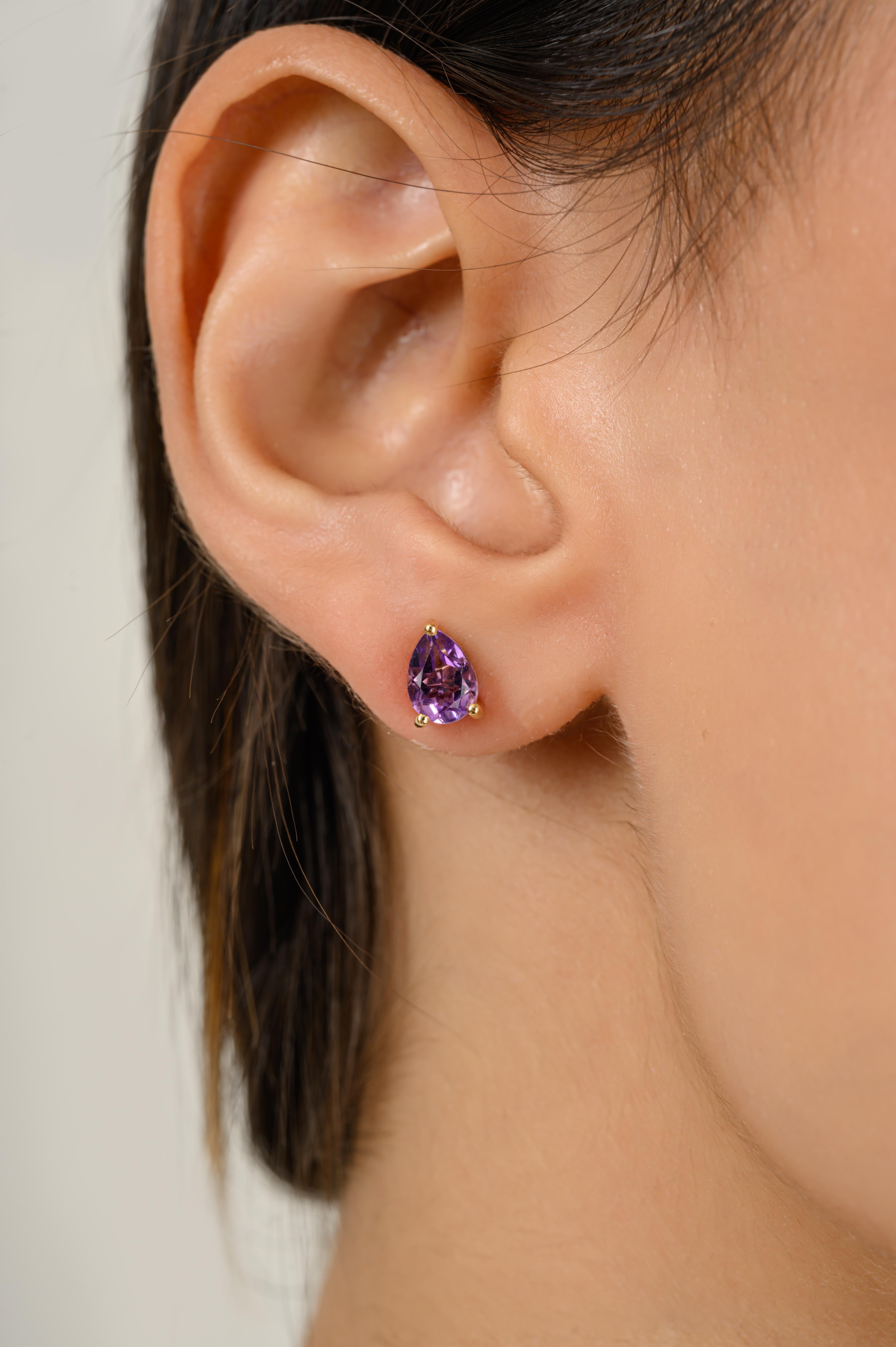 Pear Cut Amethyst Stud Earrings Gift for Toddlers 14k Solid Yellow Gold In New Condition For Sale In New York, NY