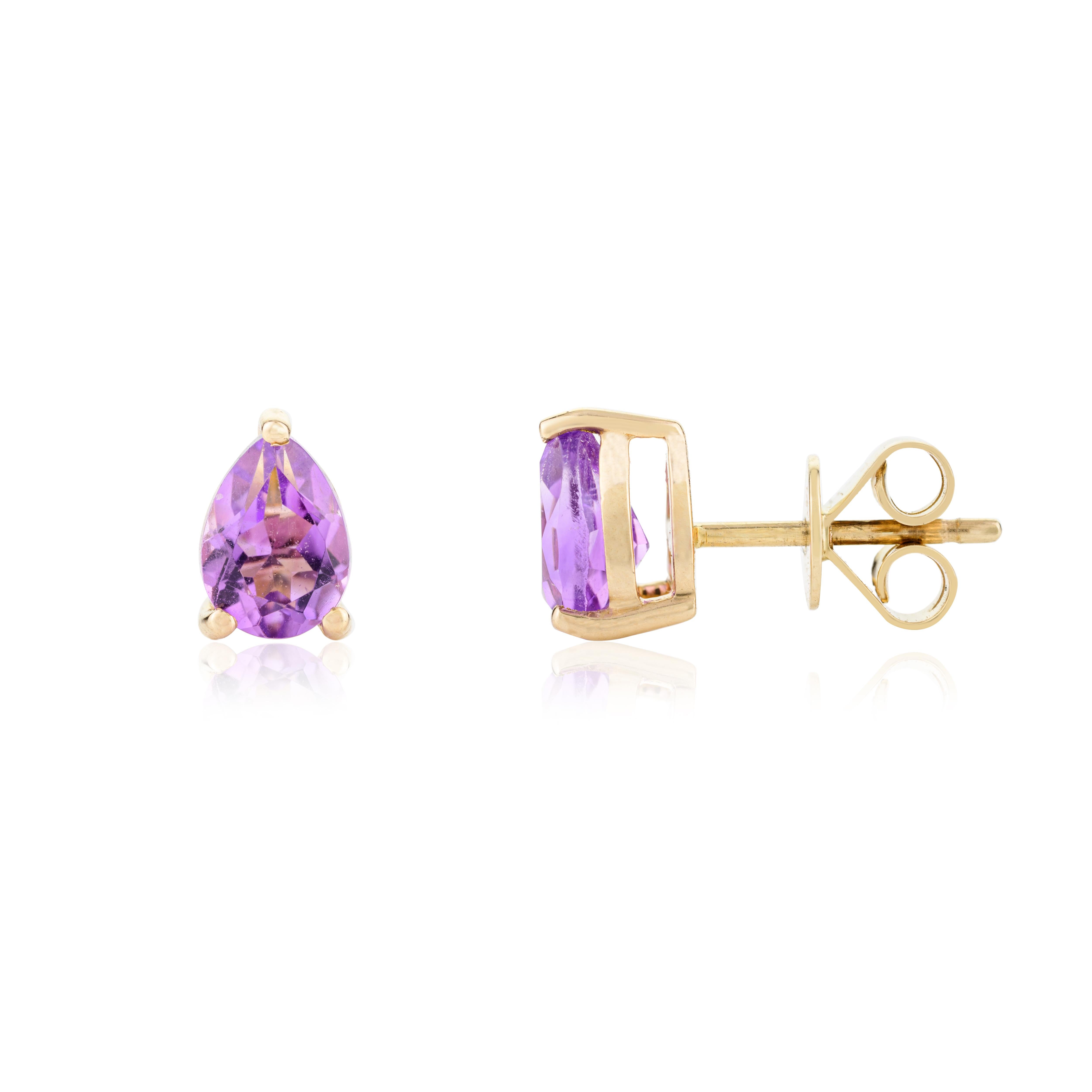 Women's Pear Cut Amethyst Stud Earrings Gift for Toddlers 14k Solid Yellow Gold For Sale