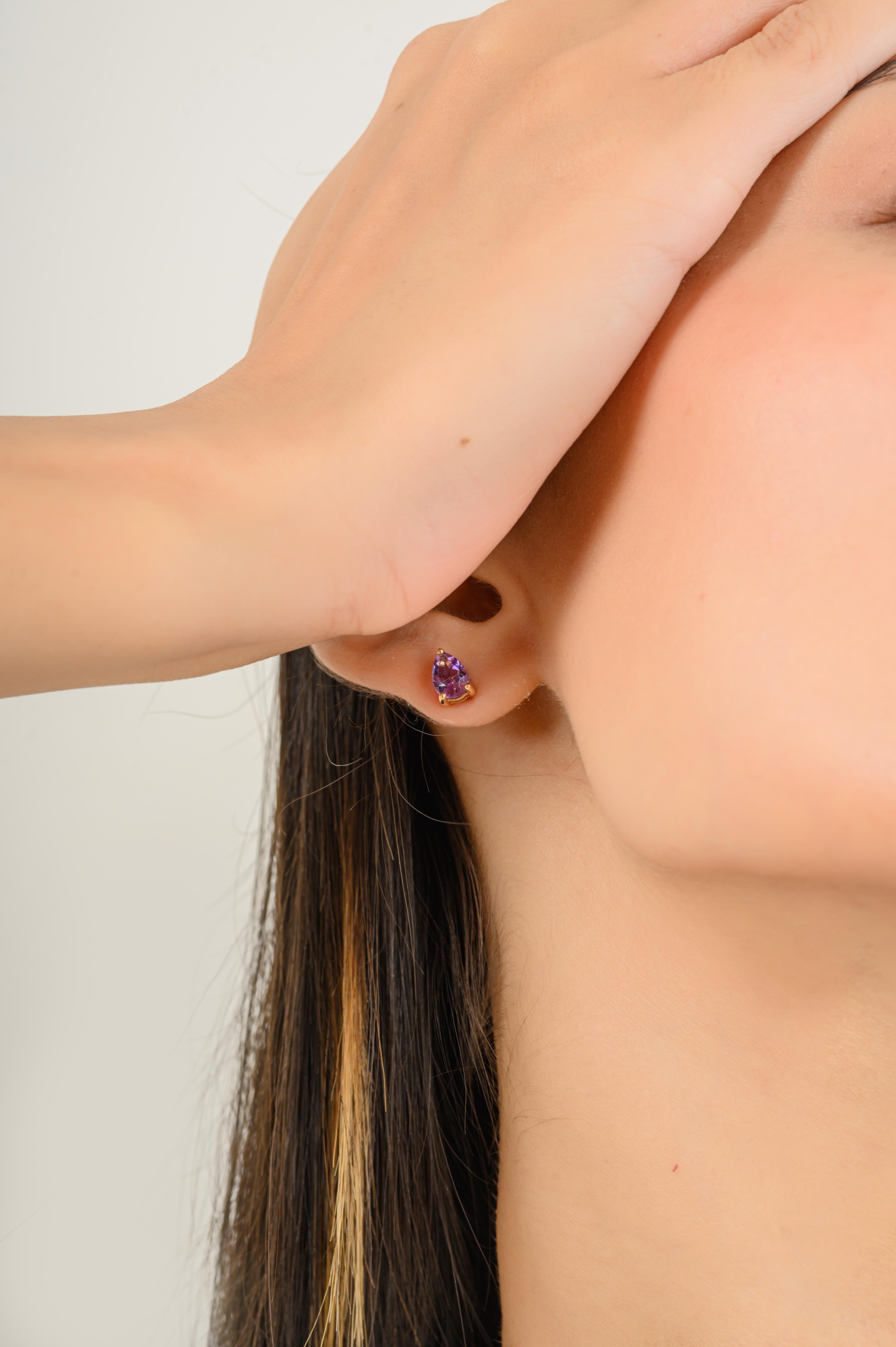 Pear Cut Amethyst Stud Earrings Gift for Toddlers 14k Solid Yellow Gold For Sale 1
