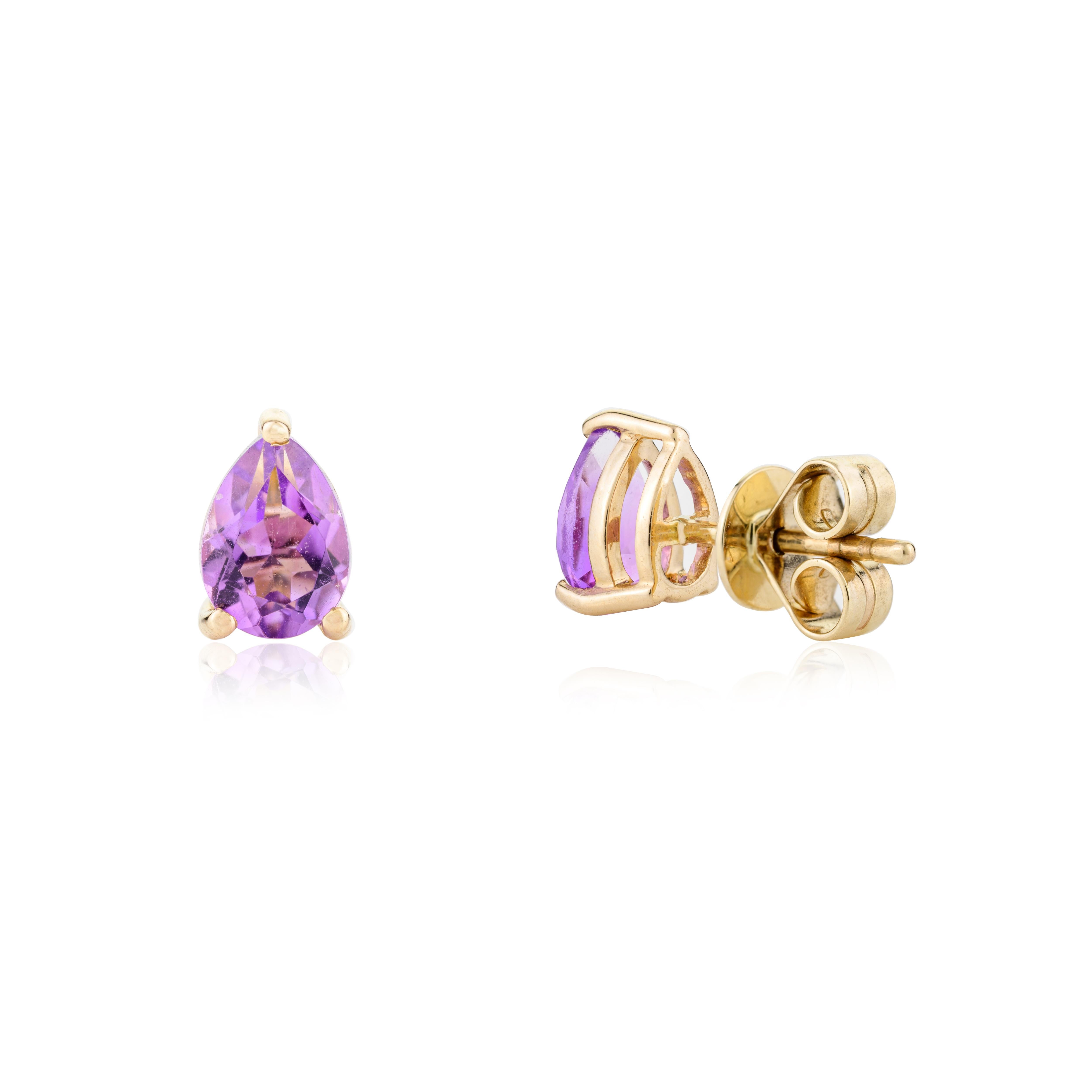 Pear Cut Amethyst Stud Earrings Gift for Toddlers 14k Solid Yellow Gold For Sale 2