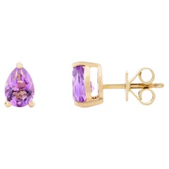 Pendientes de amatista talla pera Regalo para niños pequeños Oro amarillo macizo de 14k