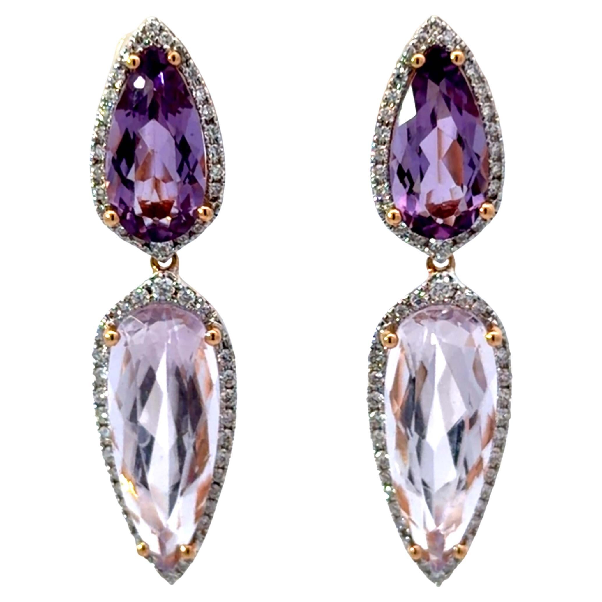 Purple Amethyst Pink Kunzite Diamond Dangly Drop Earrings 18k Rose Gold