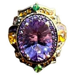 Purple Amethyst Rainbow Color Gemstone Diamonds 14K Gold Statement Cocktail Ring