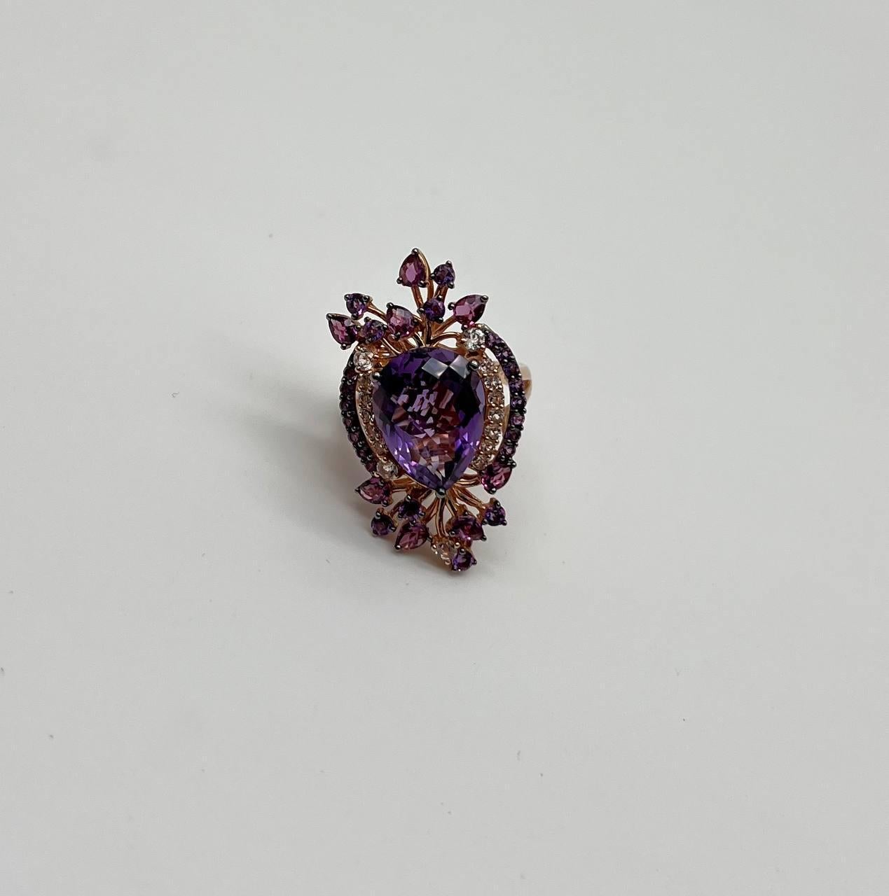 Lila Amethyst Rhodolith Pink Granate Diamanten 14K Gold Aussage Cocktail Ring im Angebot 5