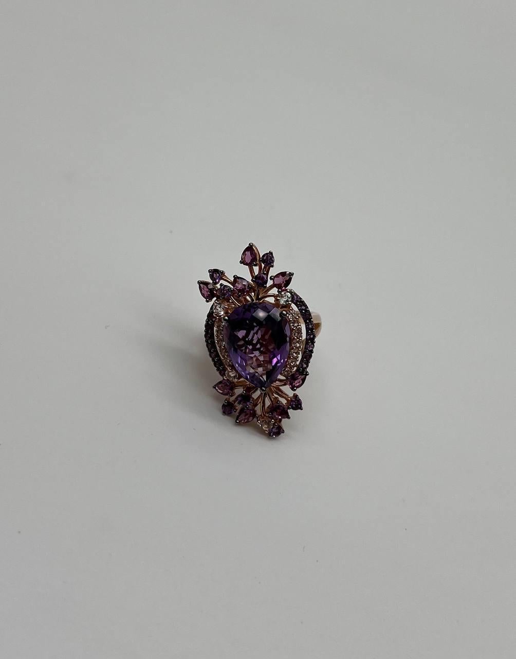 Lila Amethyst Rhodolith Pink Granate Diamanten 14K Gold Aussage Cocktail Ring im Angebot 6