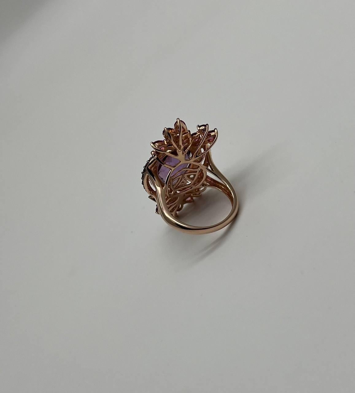 Lila Amethyst Rhodolith Pink Granate Diamanten 14K Gold Aussage Cocktail Ring im Angebot 8