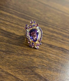 Purple Amethyst Rhodolite Pink Garnets Diamonds 14K Gold Statement Cocktail Ring