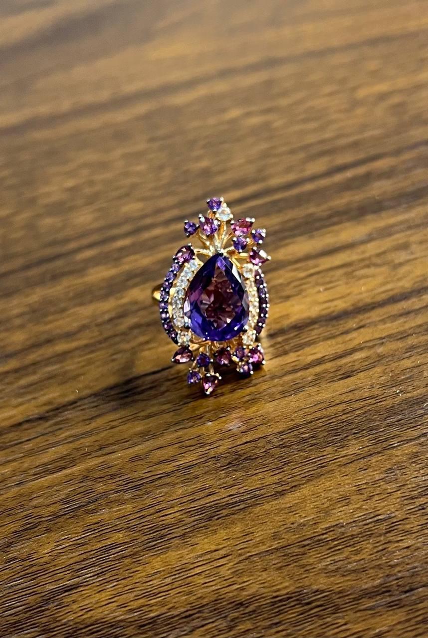 Lila Amethyst Rhodolith Pink Granate Diamanten 14K Gold Aussage Cocktail Ring (Tropfenschliff) im Angebot