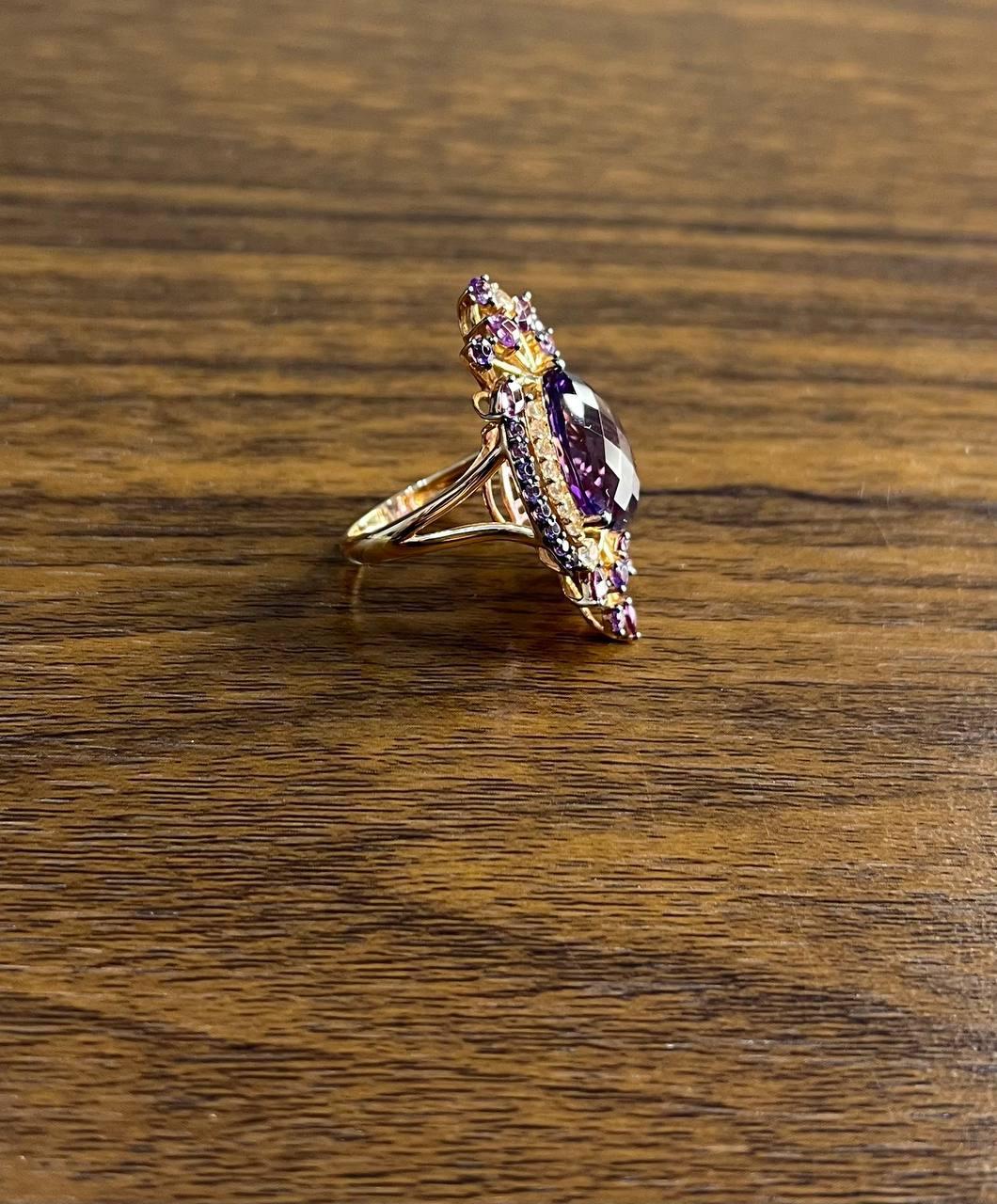 Lila Amethyst Rhodolith Pink Granate Diamanten 14K Gold Aussage Cocktail Ring Damen im Angebot