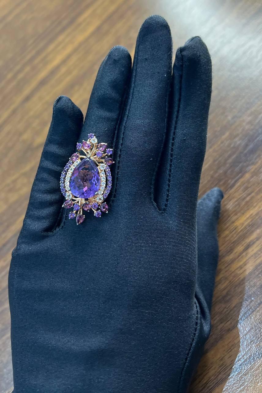 Lila Amethyst Rhodolith Pink Granate Diamanten 14K Gold Aussage Cocktail Ring im Angebot 2