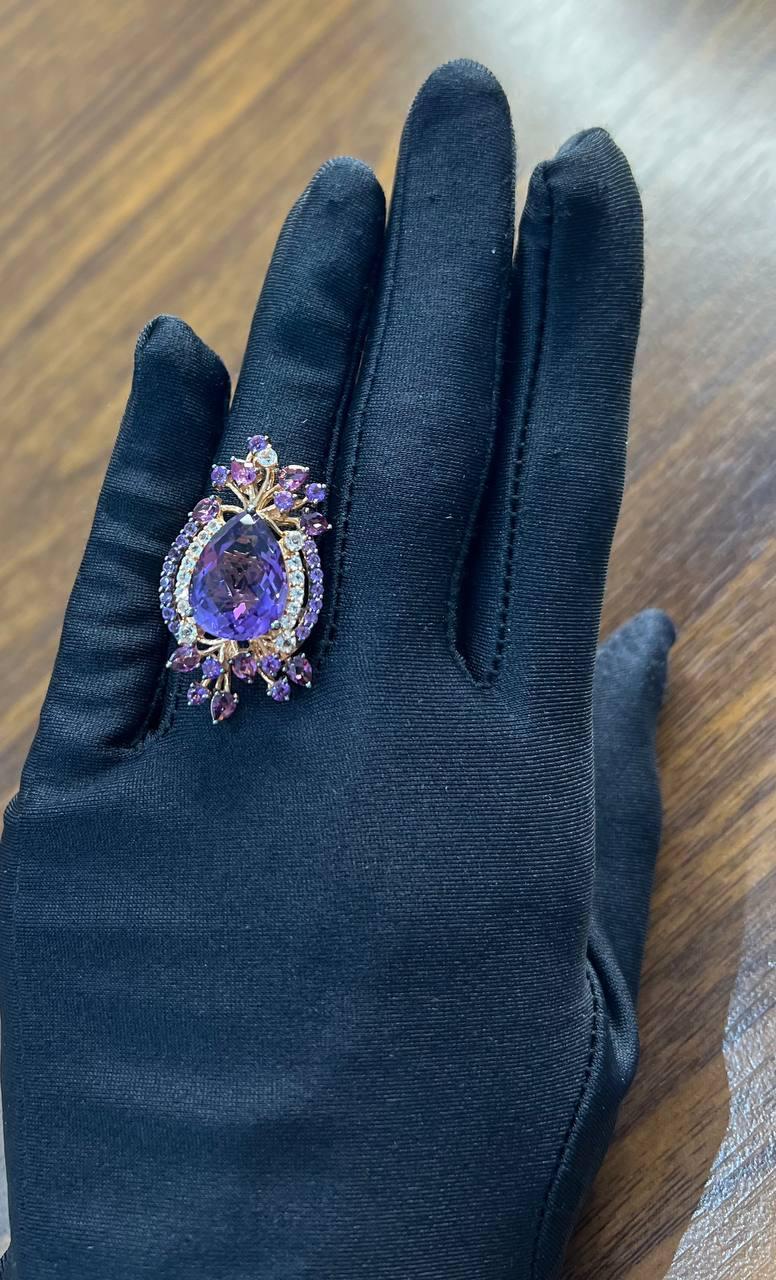 Lila Amethyst Rhodolith Pink Granate Diamanten 14K Gold Aussage Cocktail Ring im Angebot 3