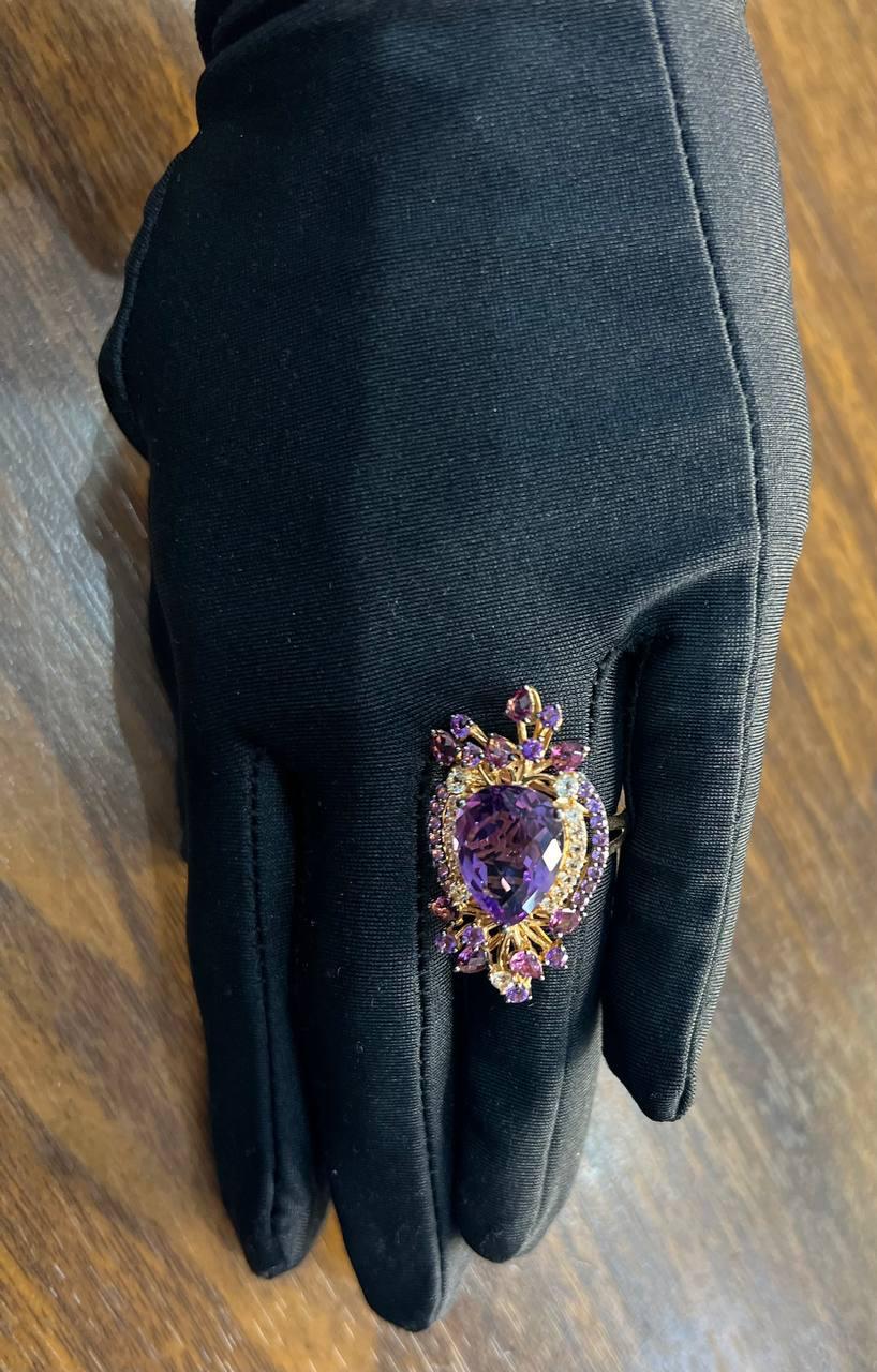 Lila Amethyst Rhodolith Pink Granate Diamanten 14K Gold Aussage Cocktail Ring im Angebot 4