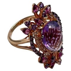 Améthyste violette Rhodolite Grenats roses Diamants Bague de cocktail en or 14K