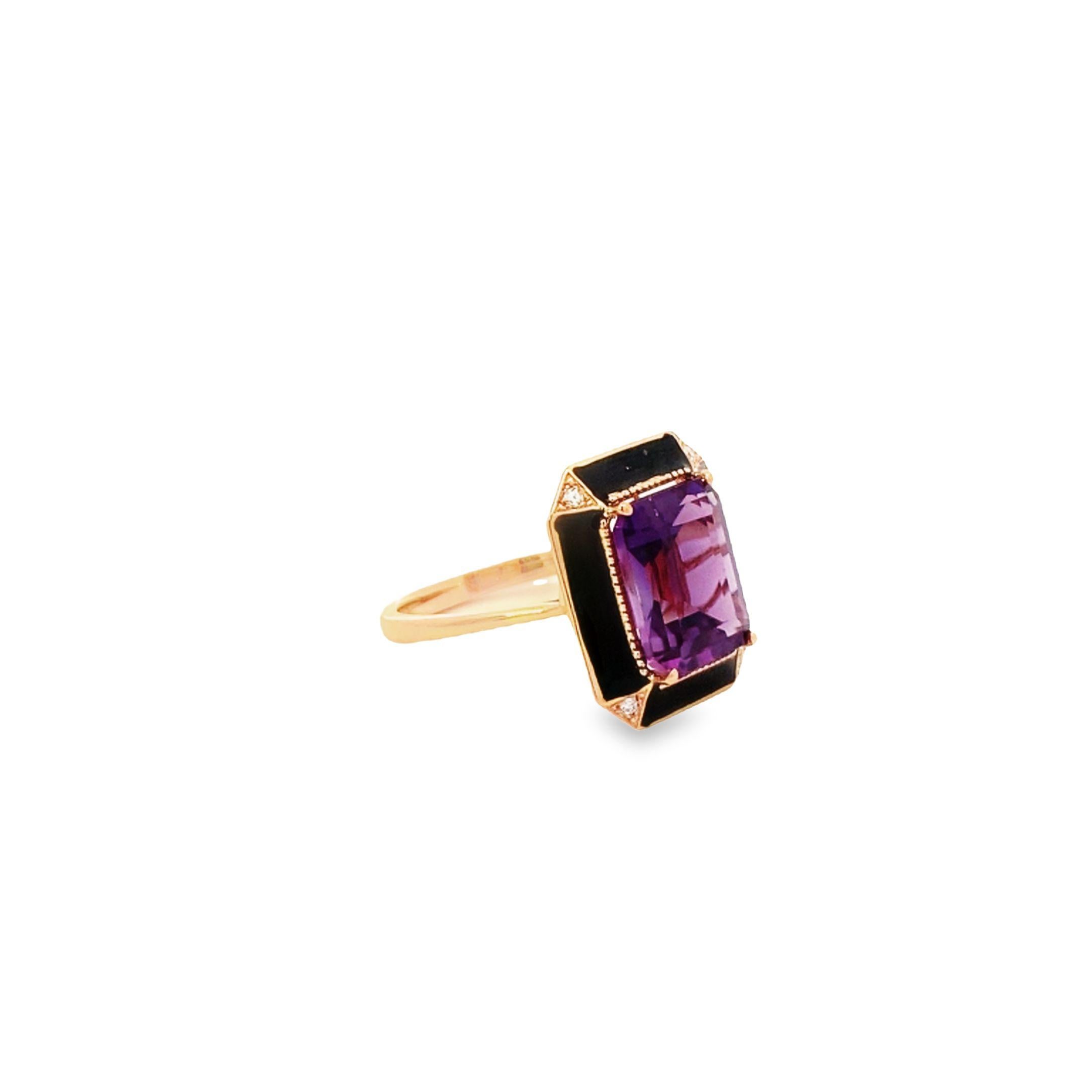 This stunning modern ring exudes elegance and sophistication with its sleek design and luxurious 18k rose gold metal. The focal point of this piece is a striking 3.87 carat purple emerald-cut amethyst, expertly prong-set to showcase its radiance and