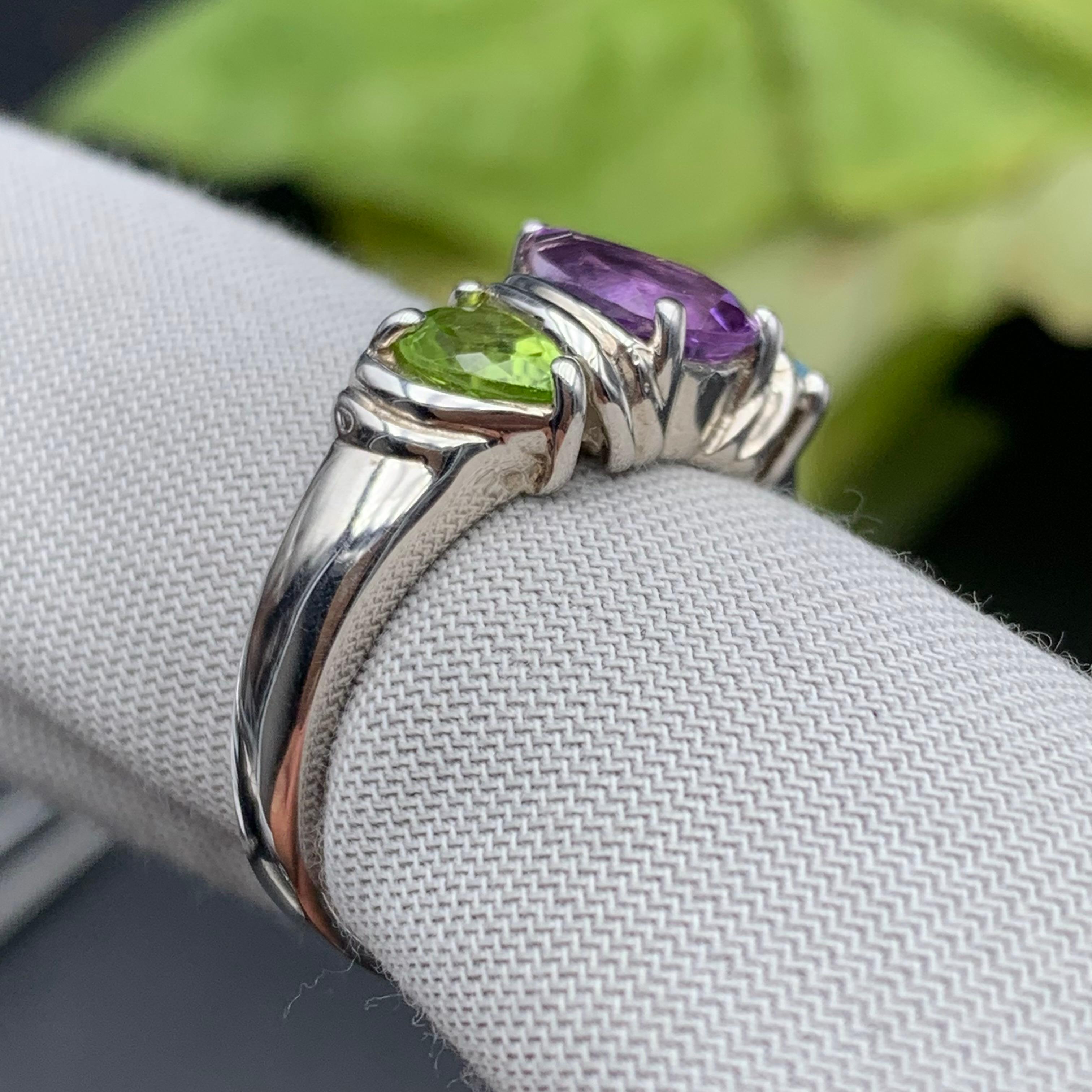 Purple Amethyst Ring with Peridot & Blue Topaz Side Stones Silver Ring  Size 9 For Sale 6