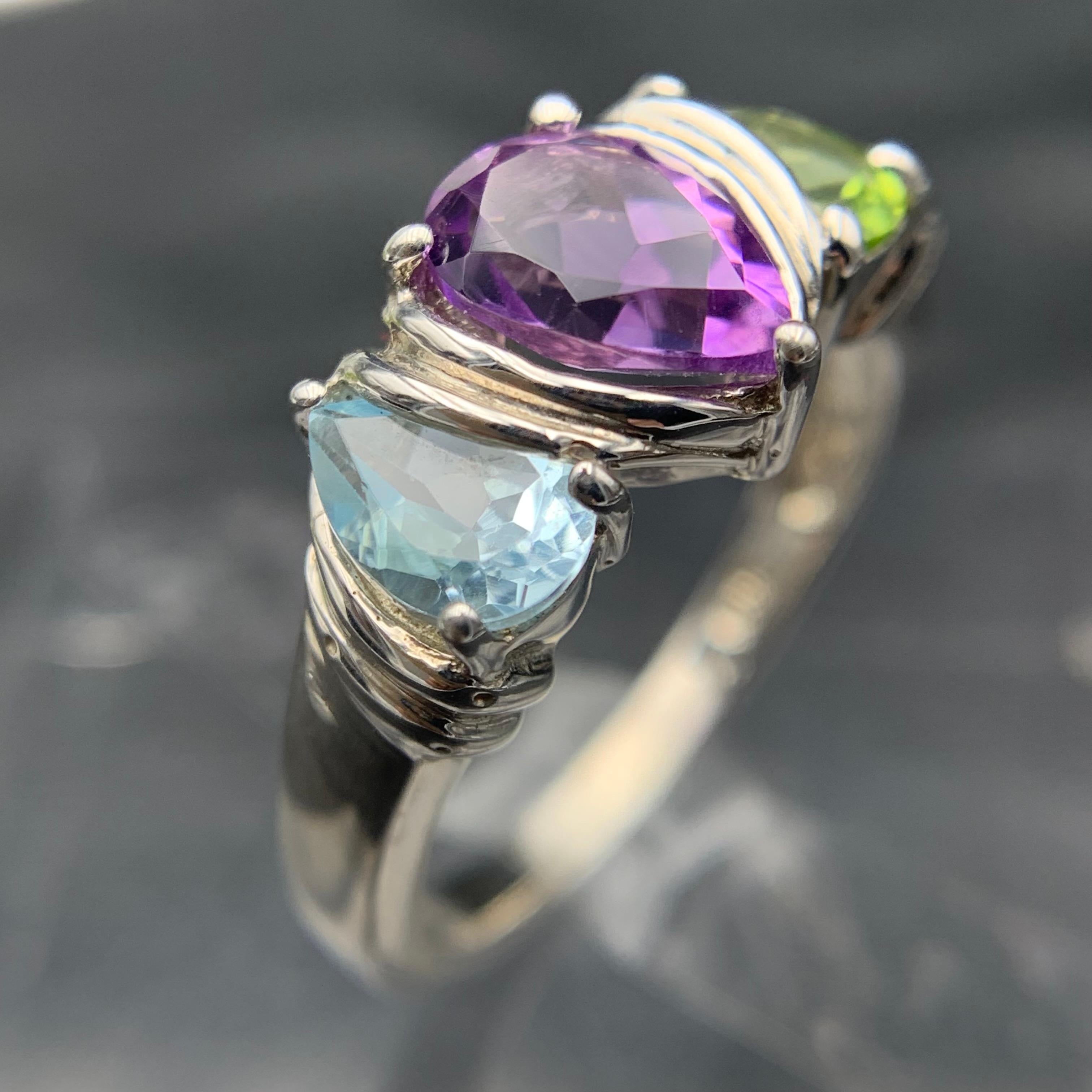 Purple Amethyst Ring with Peridot & Blue Topaz Side Stones Silver Ring  Size 9 For Sale 9