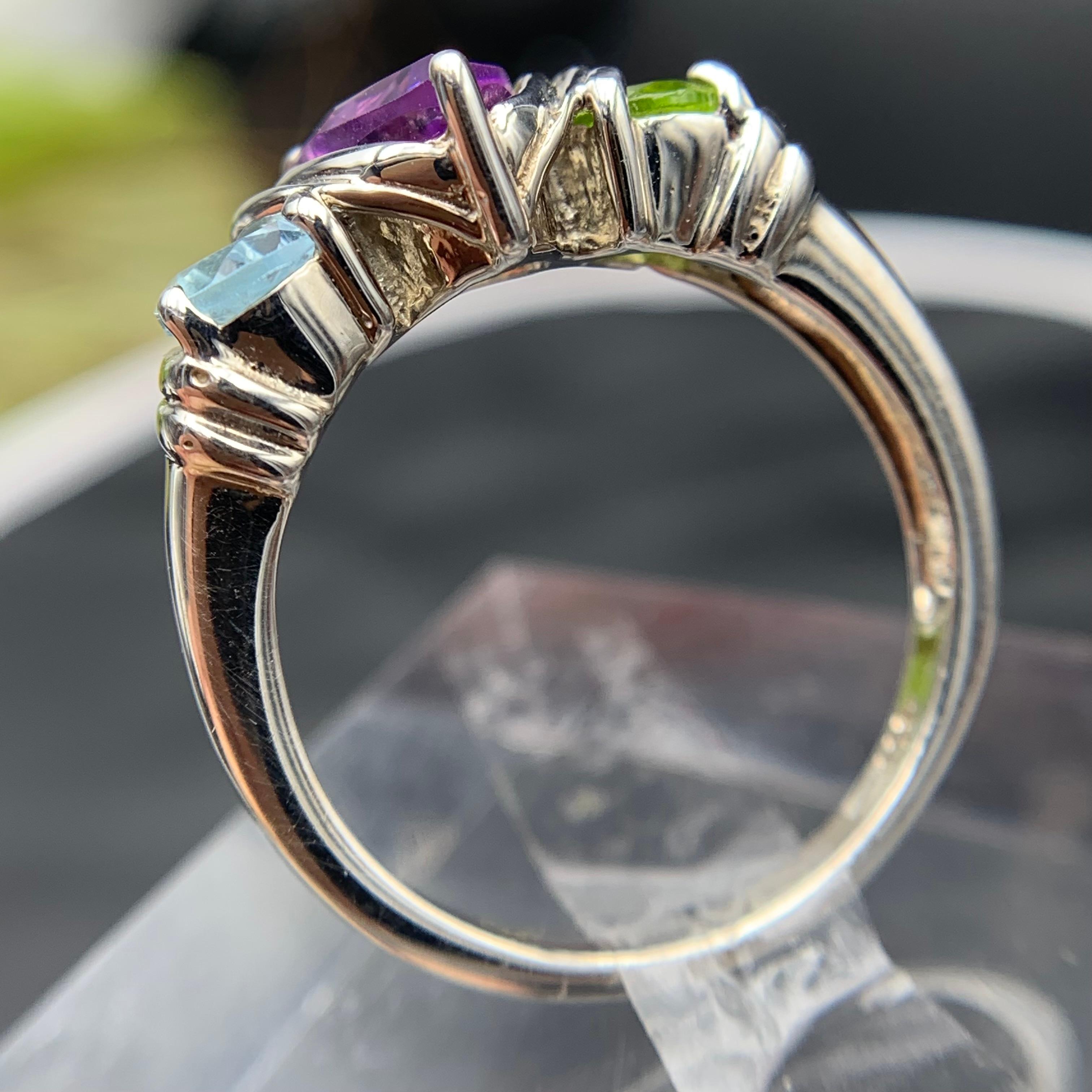 Women's Purple Amethyst Ring with Peridot & Blue Topaz Side Stones Silver Ring  Size 9 For Sale