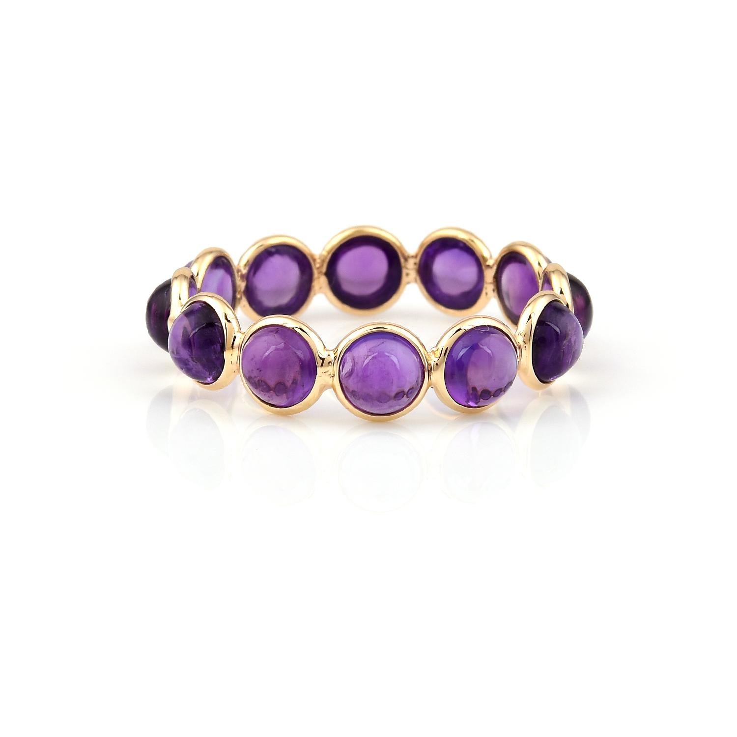 Shape: Round Cabochon

Stone: Purple Amethyst

Metal: 14 Karat Yellow Gold (can be customized)

Style: Single Line Band

Ring Size: US 6.25 (can be customized, made to order, final sale)

Stone Weight: appx. 3.90 carats of Amethyst

Total Weight: