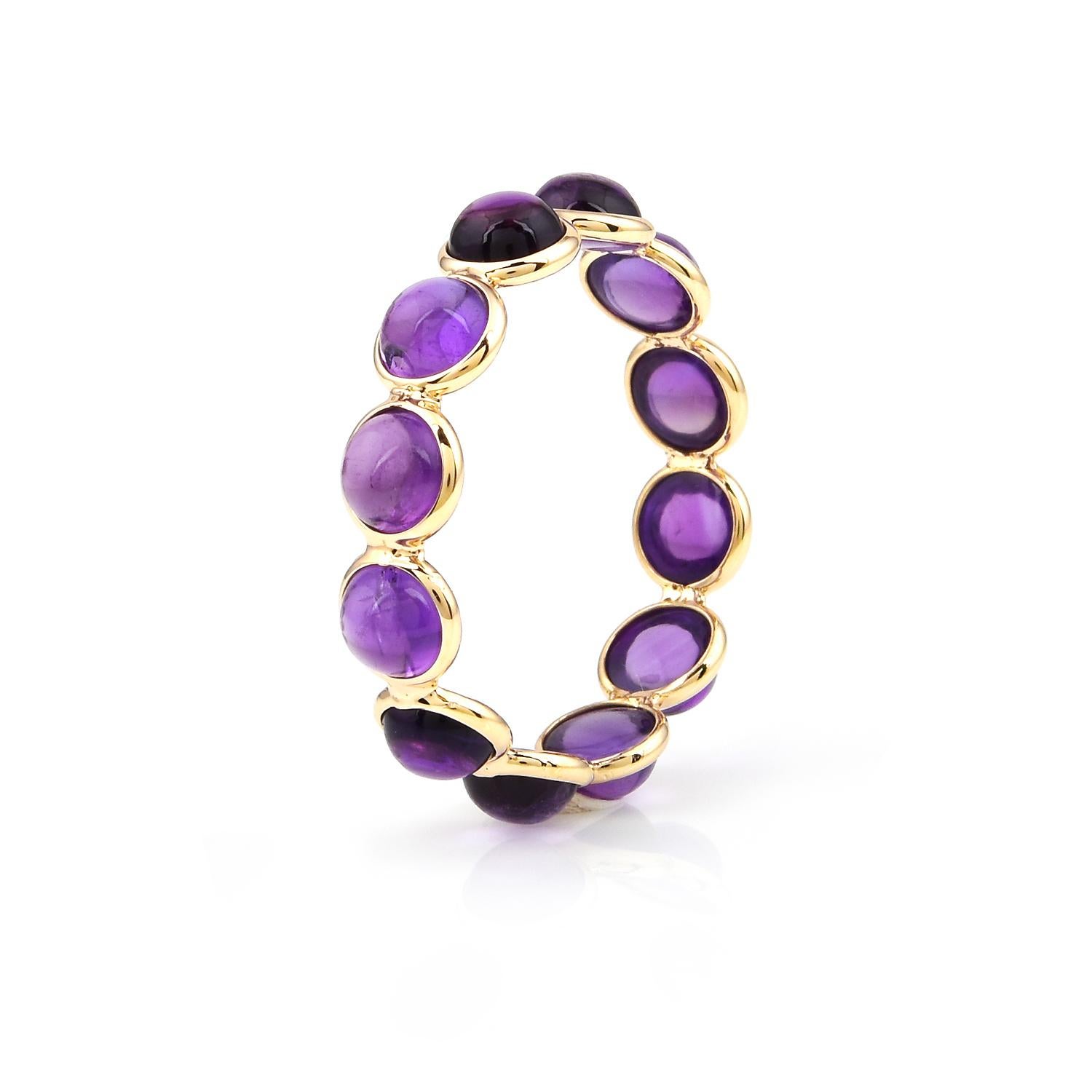 Women's or Men's Purple Amethyst Round Cabochon Band, Yellow Gold