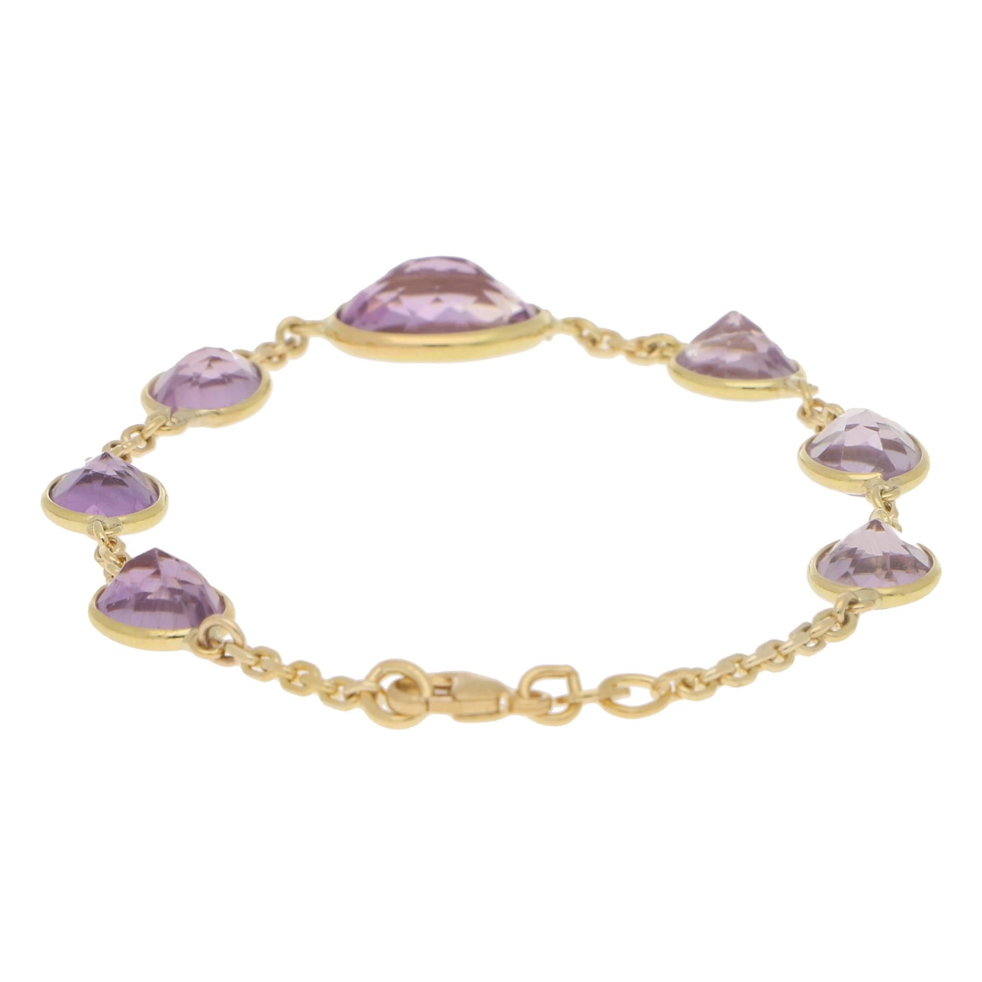 Round Cut Purple Amethyst Spectacle Chain Bracelet Set in 18 Karat Yellow Gold