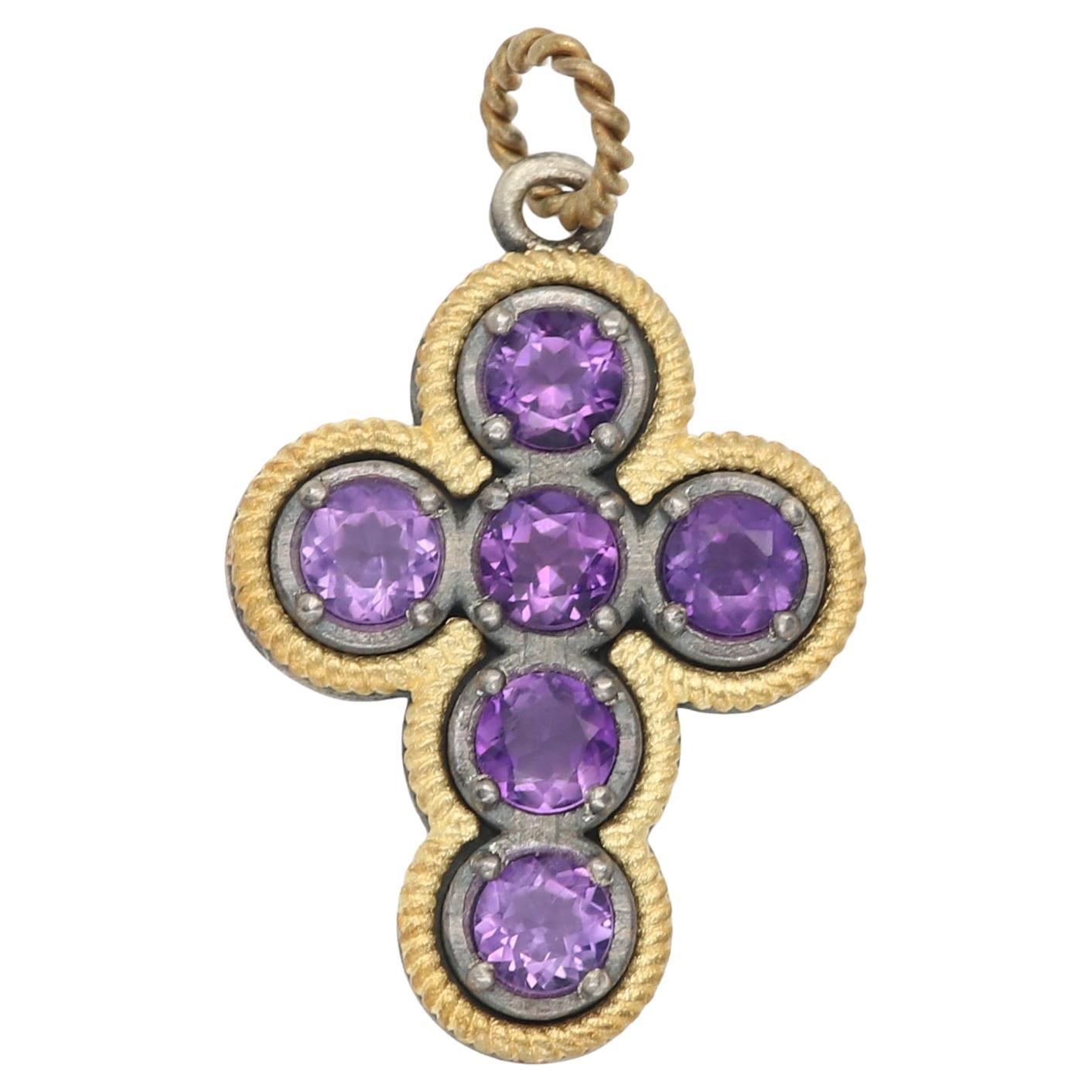 Lila Amethyst Vintage Kreuz 18 Karat zwei Ton Gold und Sterling Silber