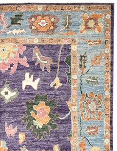 Purple and Blue Contemporary Handmade Wool Distressed Turkish Oushak Rug