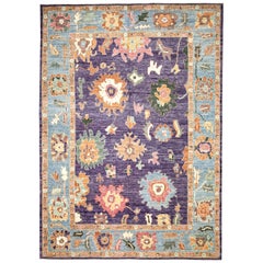 Purple and Blue Contemporary Handmade Wool Distressed Turkish Oushak Rug