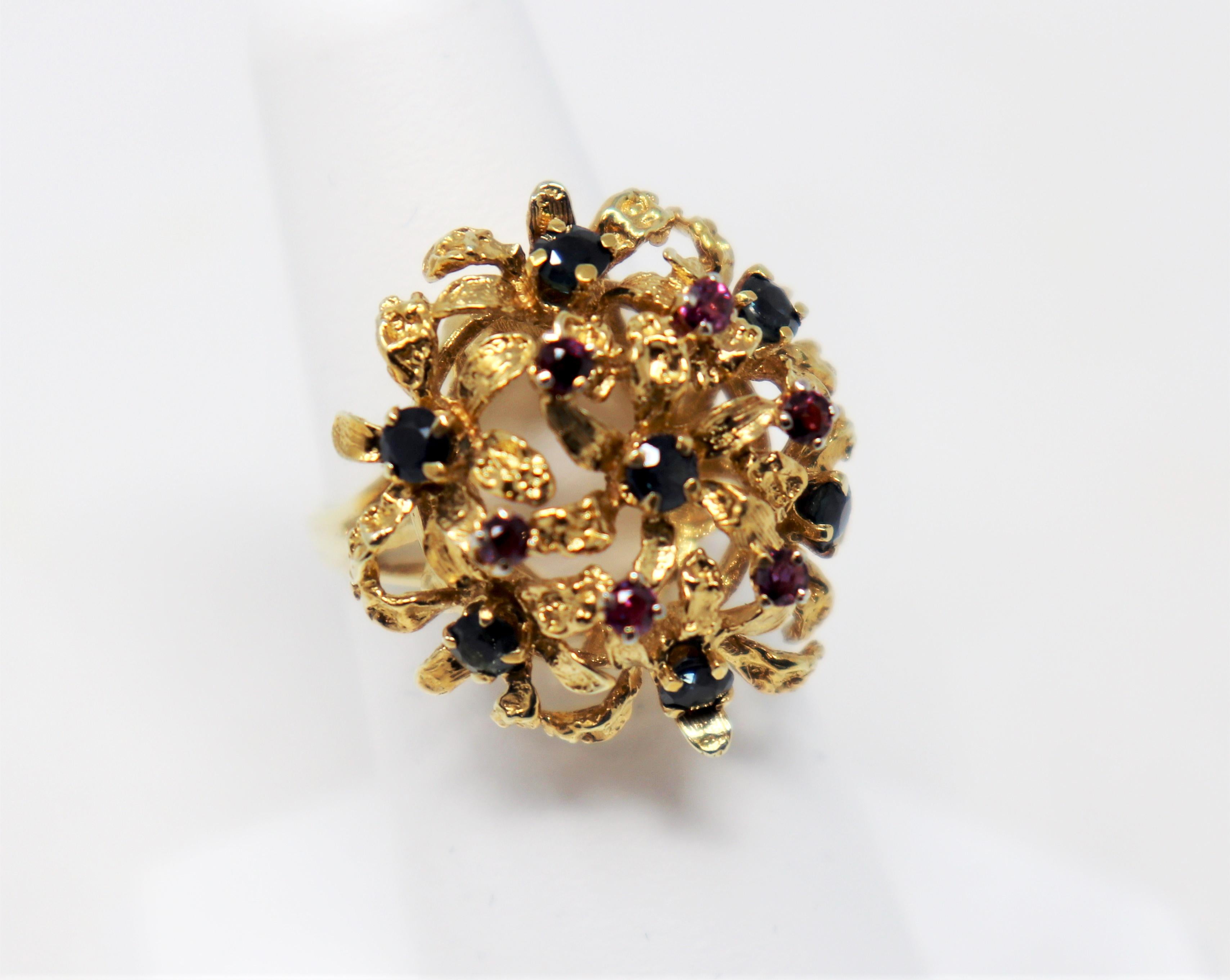 Purple and Blue Sapphire Cluster Dome Cocktail Ring in 14 Karat Yellow Gold For Sale 5