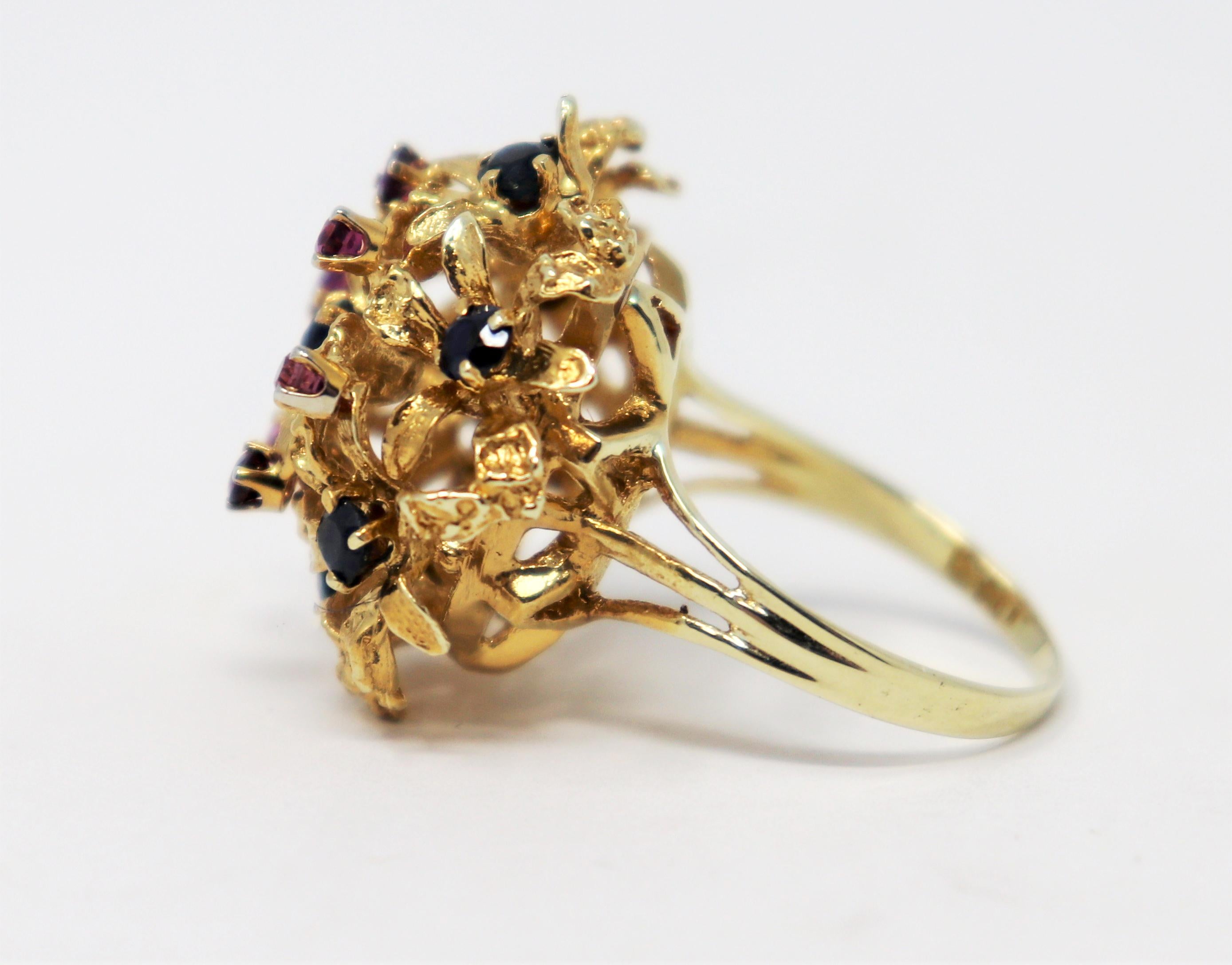 Purple and Blue Sapphire Cluster Dome Cocktail Ring in 14 Karat Yellow Gold In Good Condition For Sale In Scottsdale, AZ