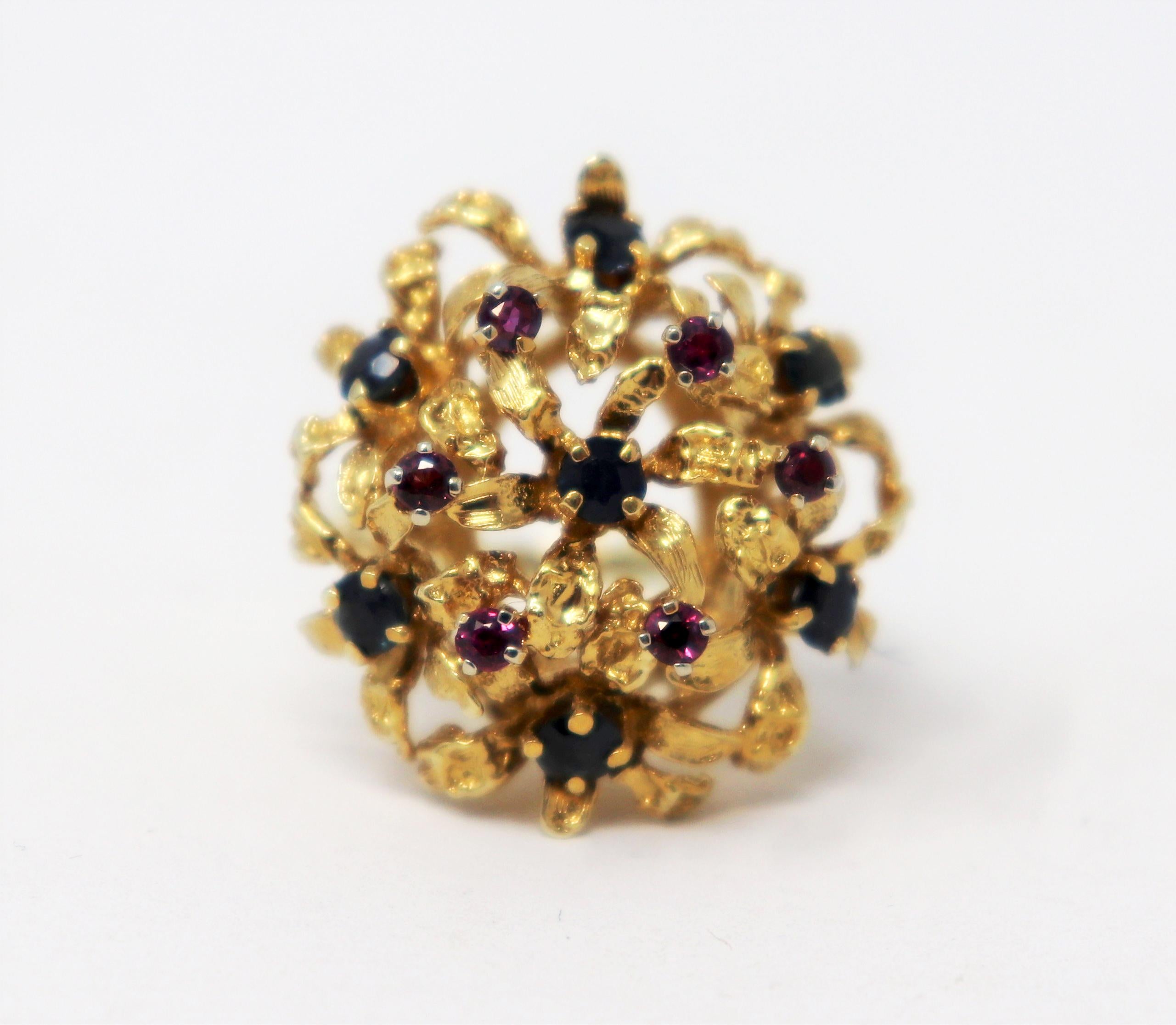 Purple and Blue Sapphire Cluster Dome Cocktail Ring in 14 Karat Yellow Gold For Sale 2