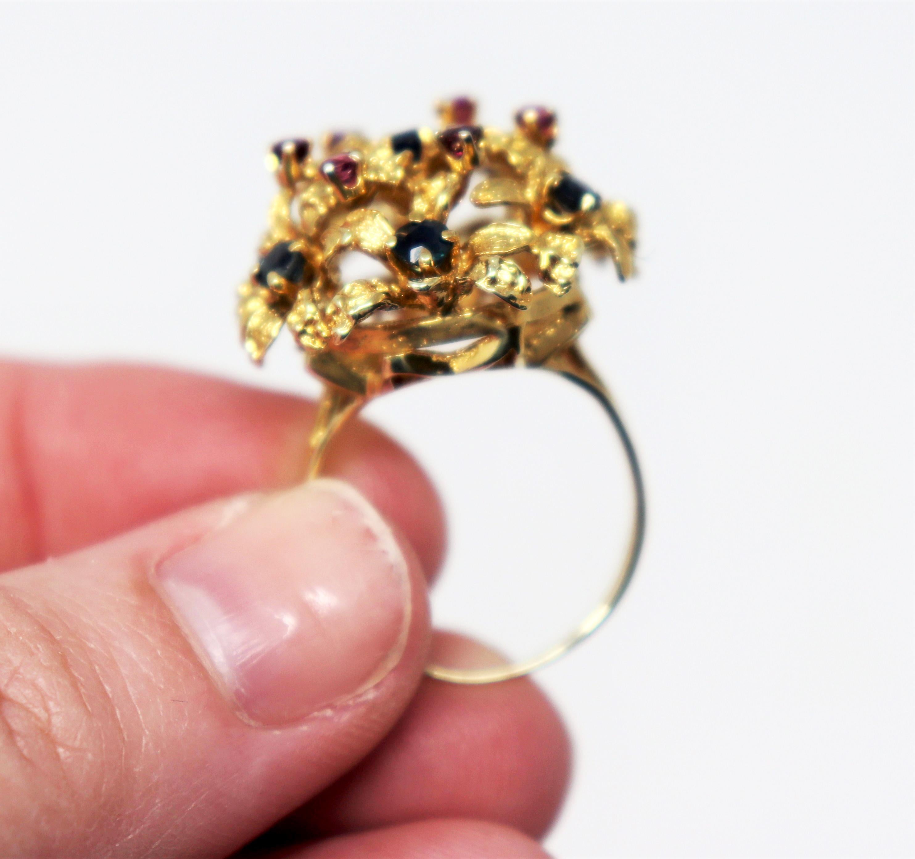 Purple and Blue Sapphire Cluster Dome Cocktail Ring in 14 Karat Yellow Gold For Sale 3