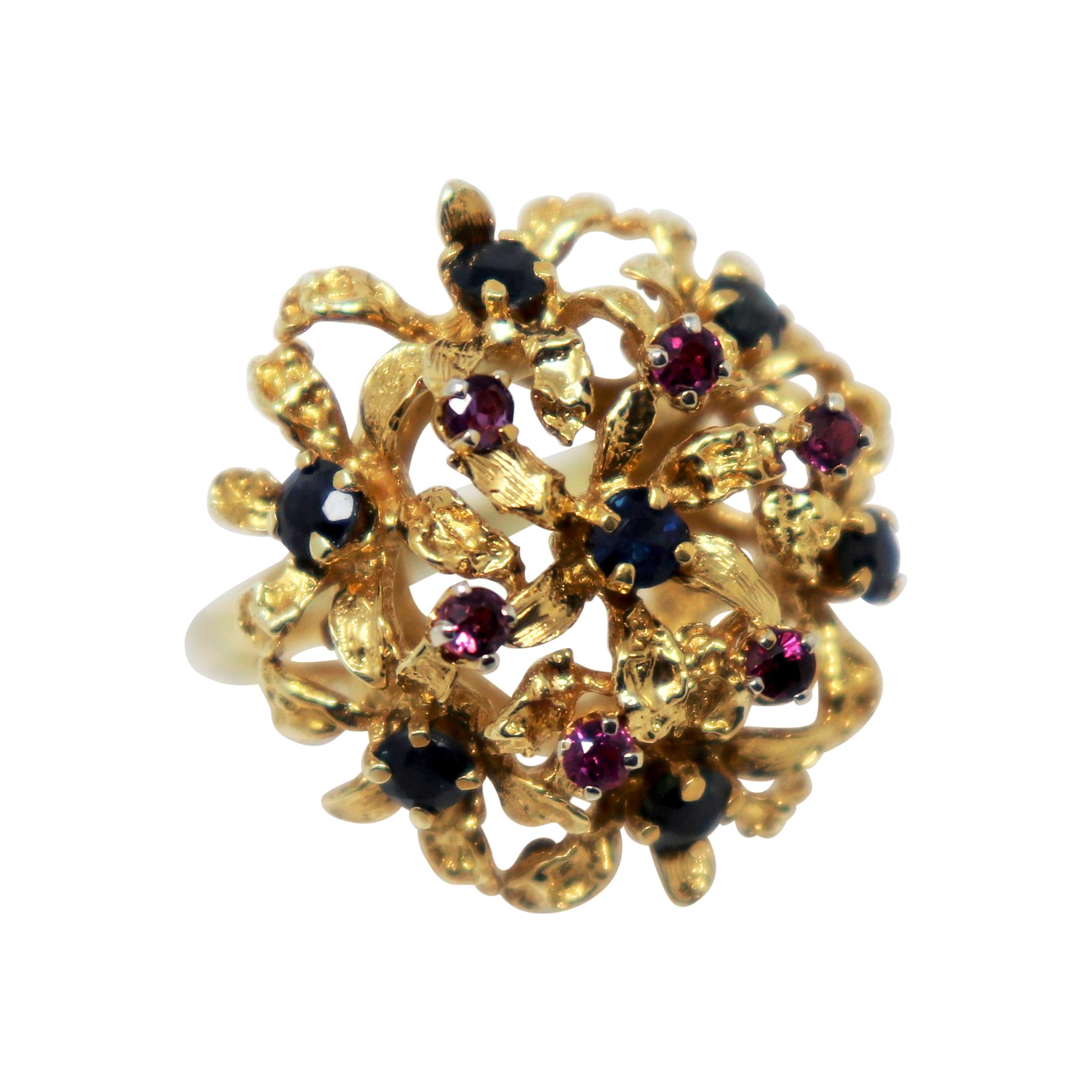 Purple and Blue Sapphire Cluster Dome Cocktail Ring in 14 Karat Yellow Gold For Sale