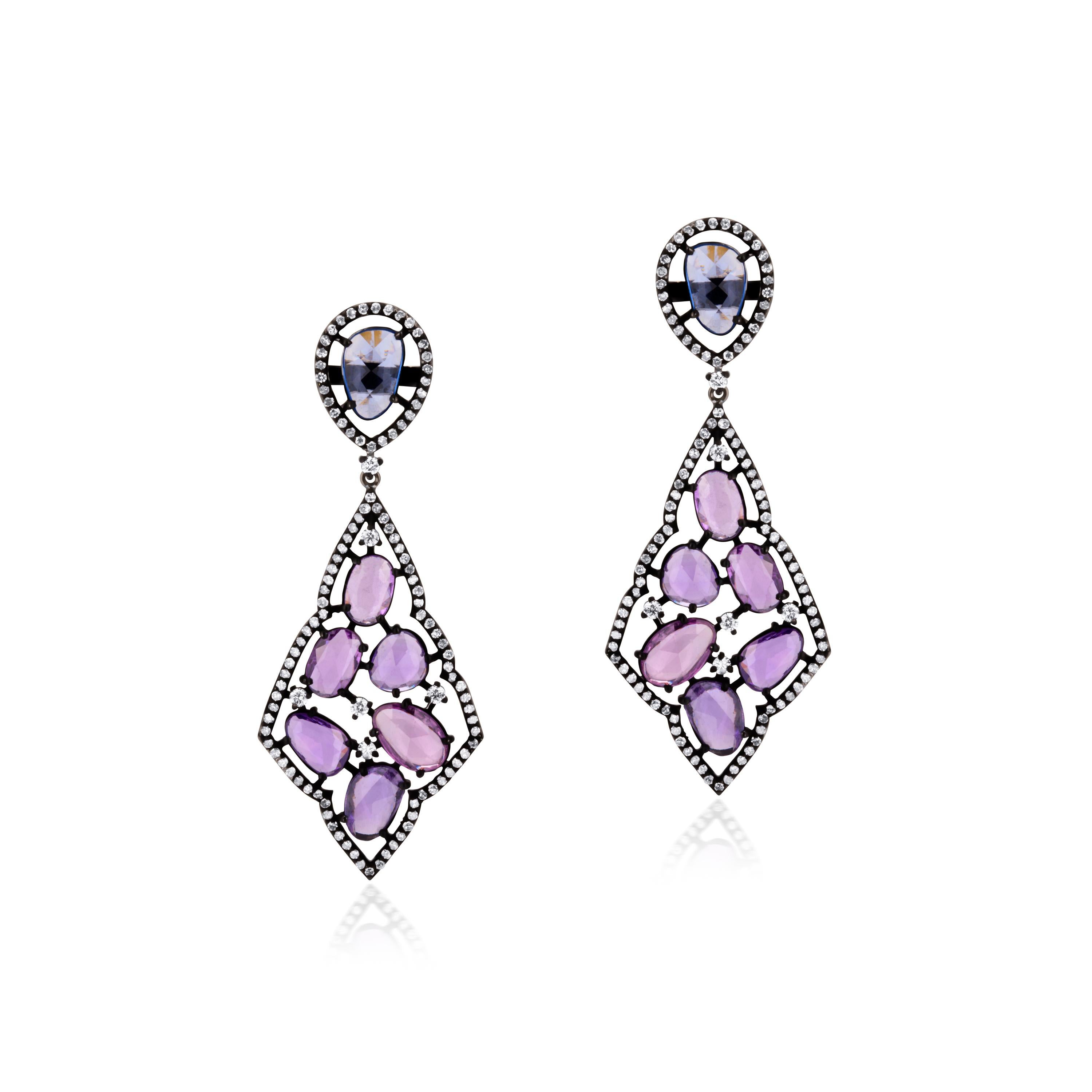 Victorian 11.03 Ct. T.W Purple Sapphire, Blue Sapphire & Diamond Dangle Earring  In New Condition For Sale In New York, NY