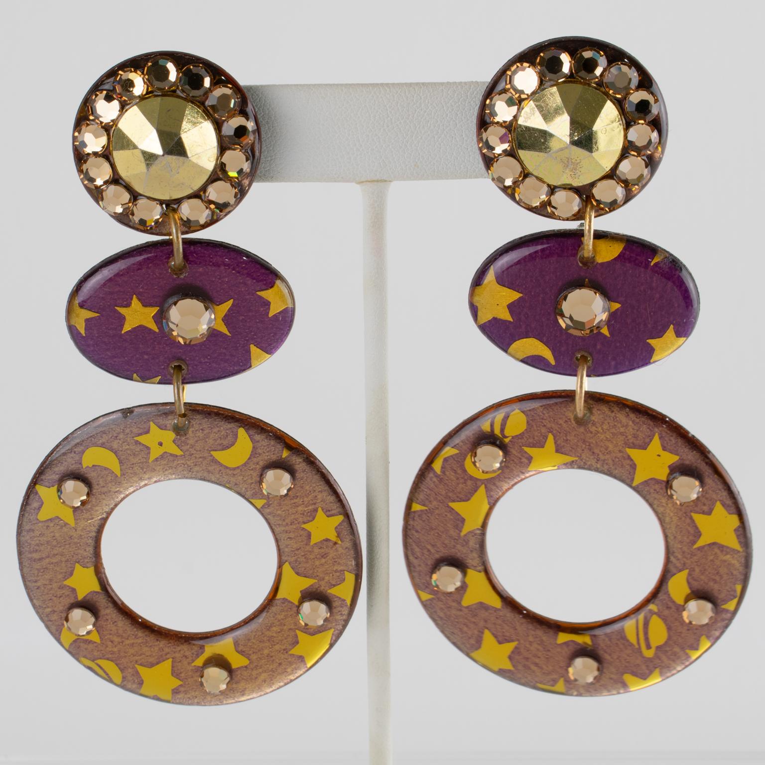 Purple and Gold Acrylic Dangle Earrings For Sale 1