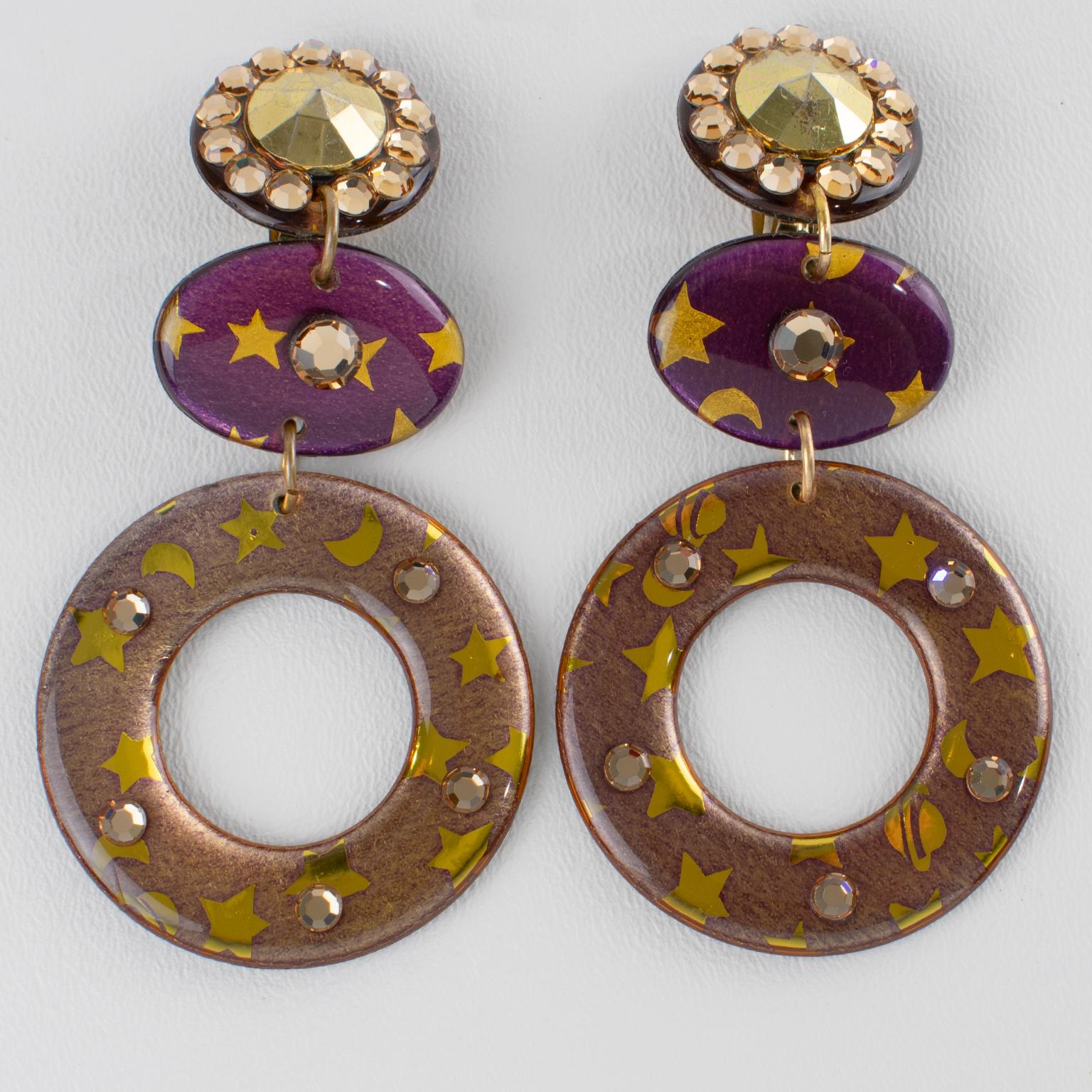 Purple and Gold Acrylic Dangle Earrings For Sale 2