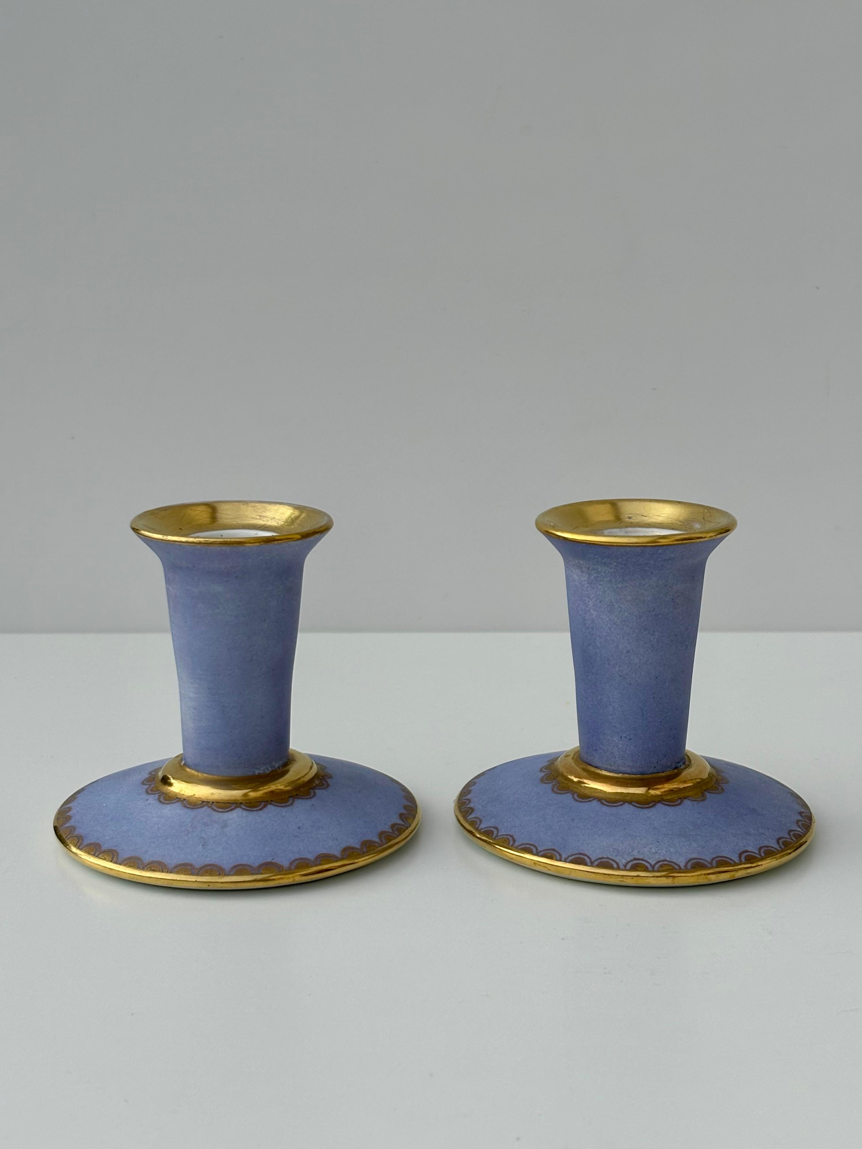 Danish Lavender, Gold Porcelain Candle Holders, 1960s For Sale