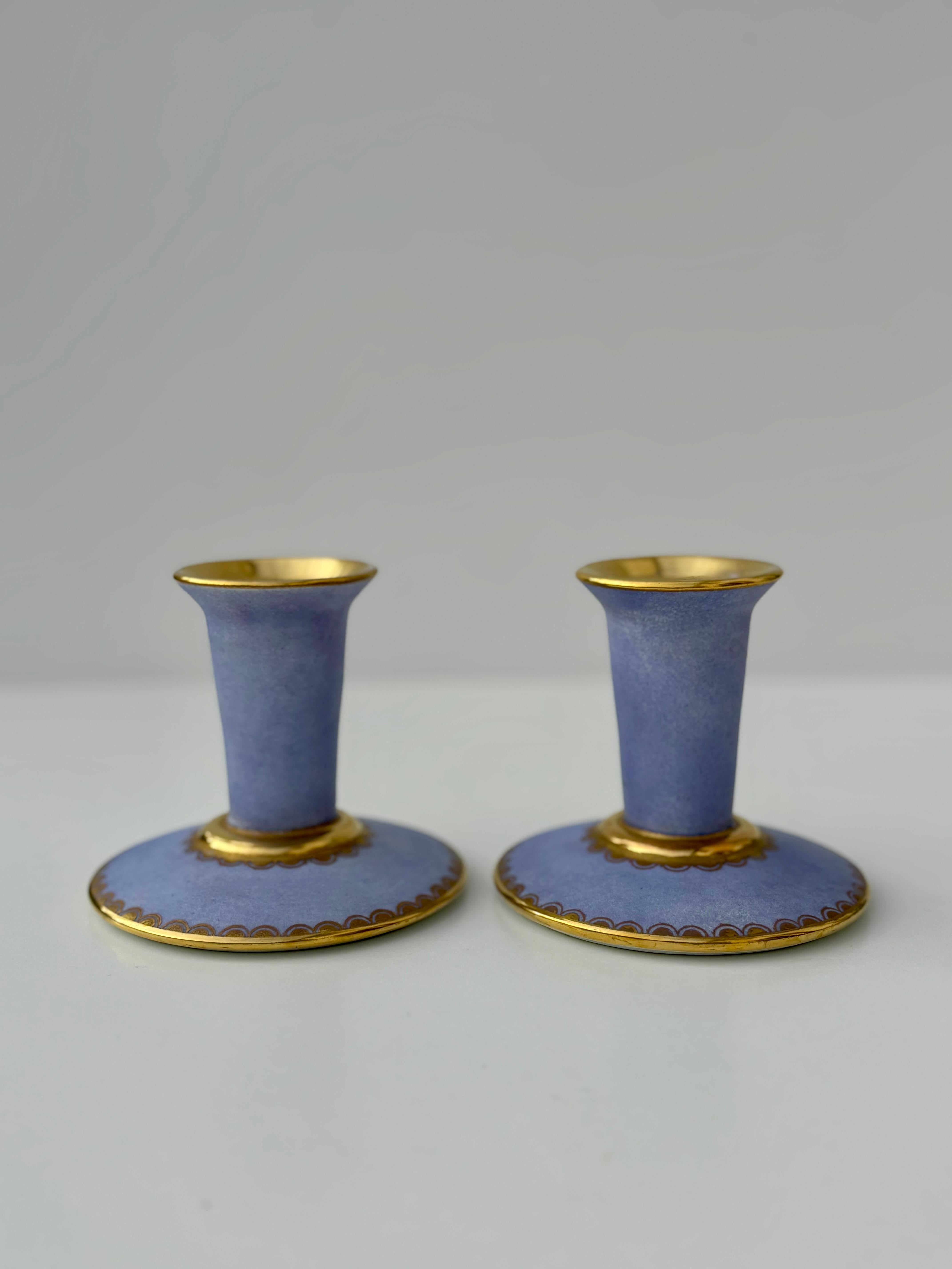 Faience Lavender, Gold Porcelain Candle Holders, 1960s For Sale