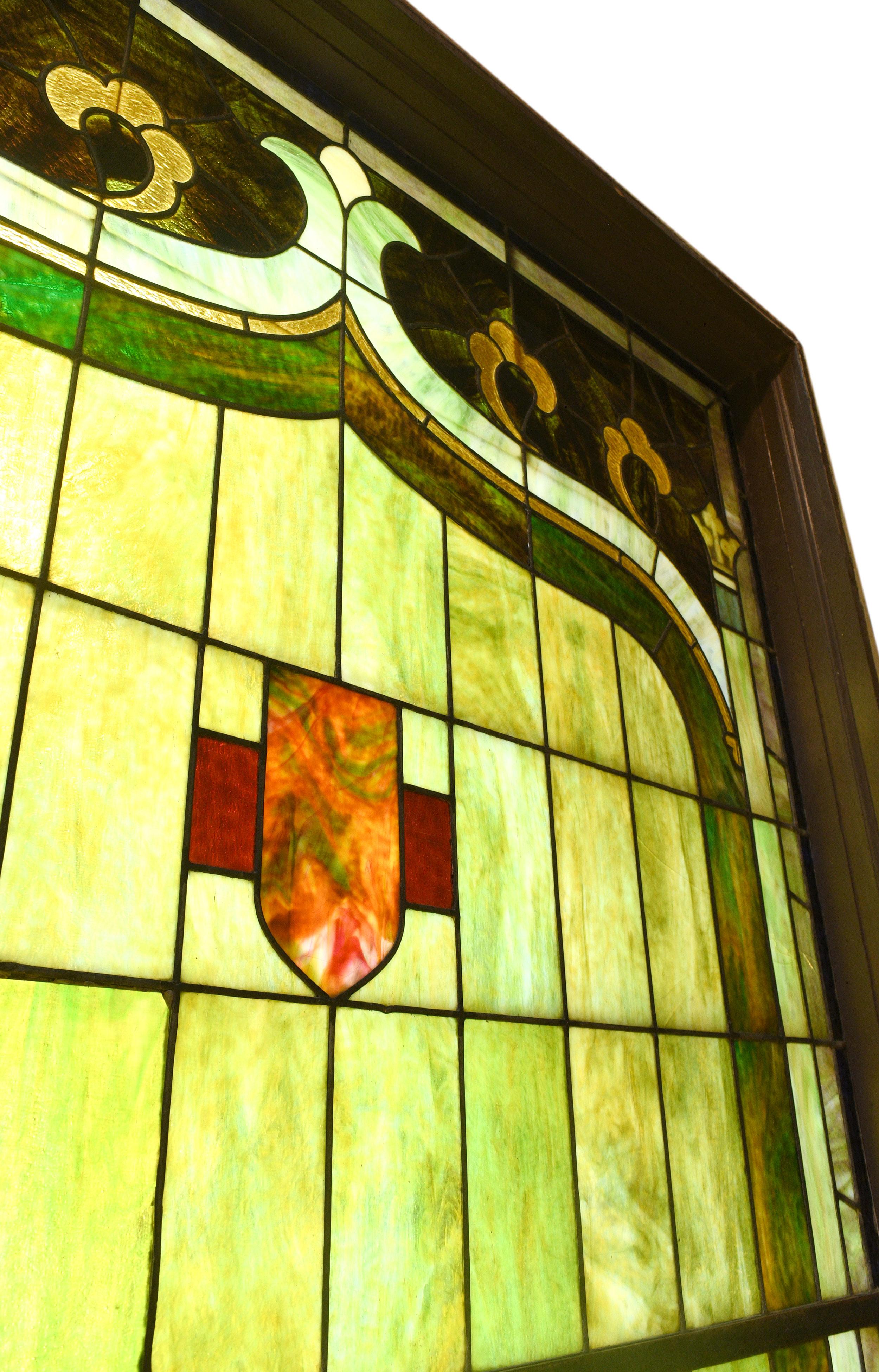 American Purple and Green Slag Glass Window with Shield